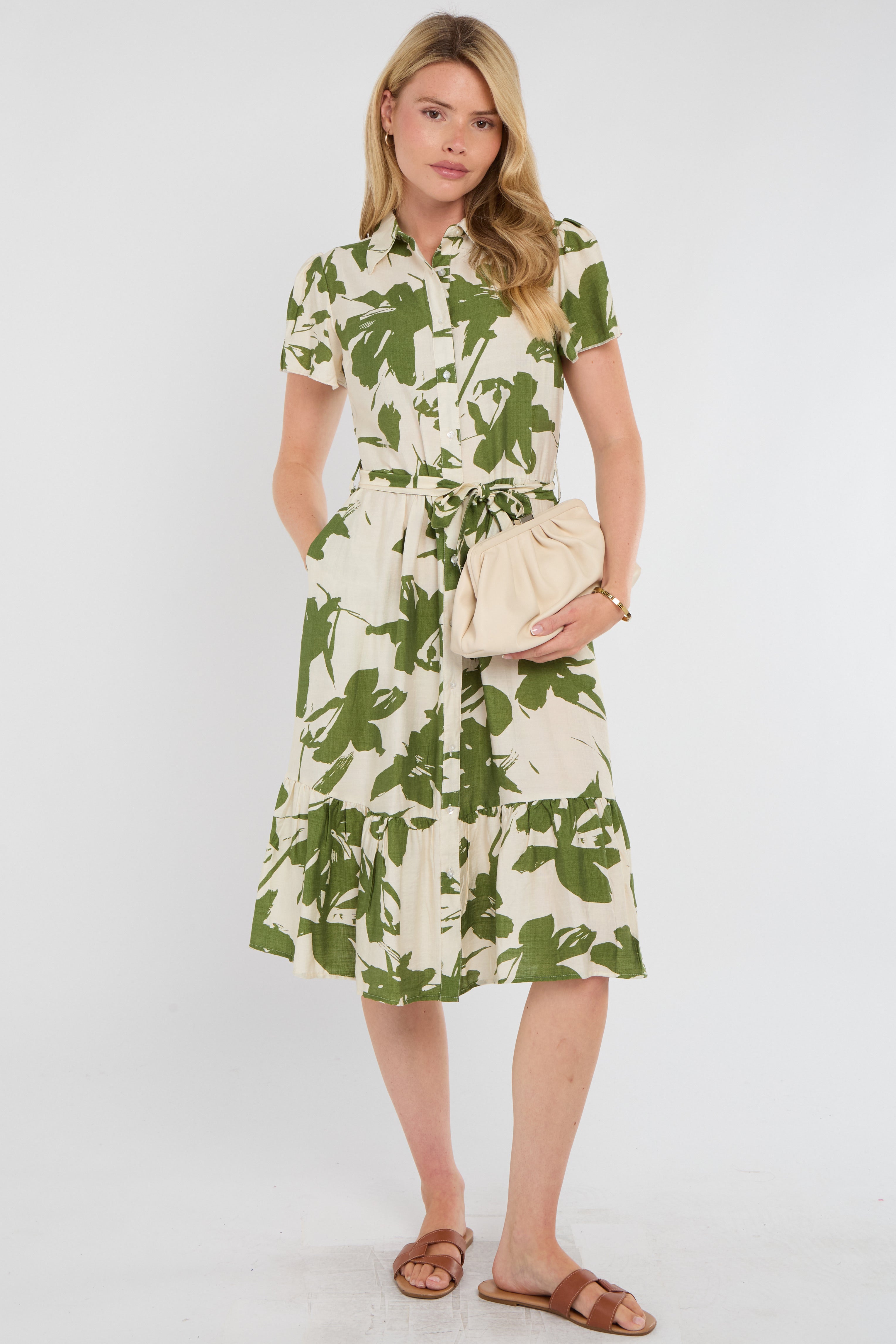 Green Botanical Leaf Print Tiered Midi Shirt Dress