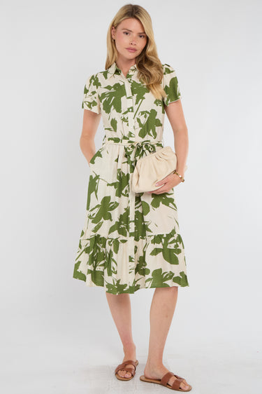 Green Botanical Leaf Print Tiered Midi Shirt Dress