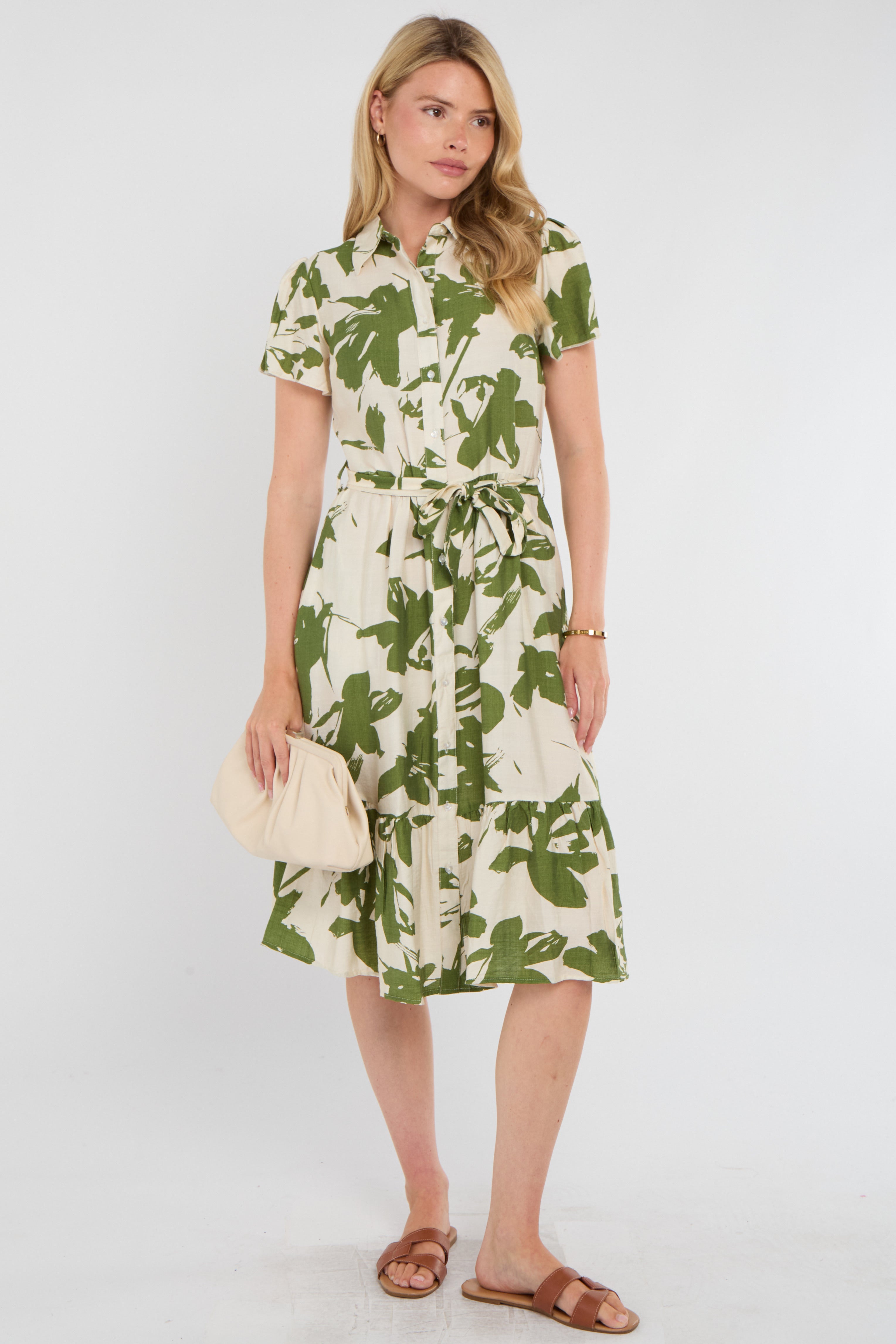 Green Botanical Leaf Print Tiered Midi Shirt Dress