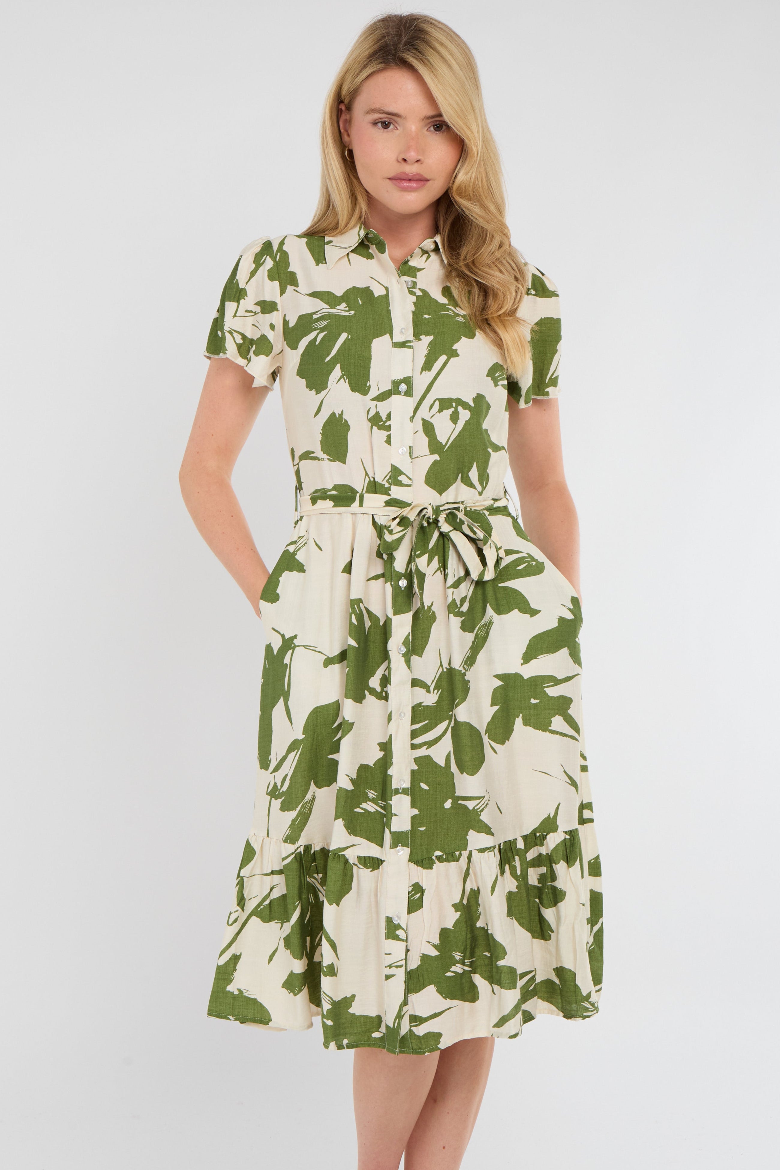 Green Botanical Leaf Print Tiered Midi Shirt Dress