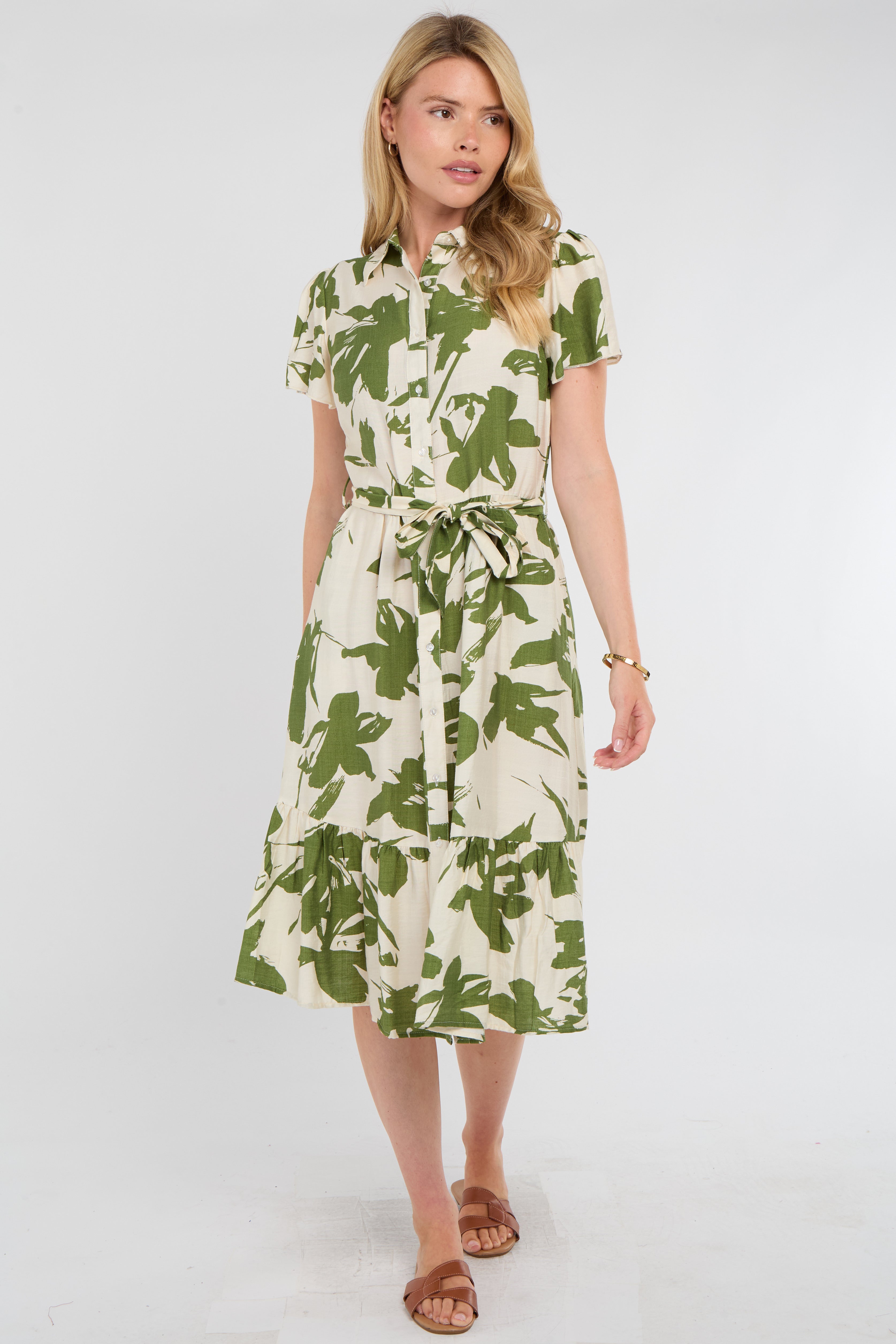Green Botanical Leaf Print Tiered Midi Shirt Dress
