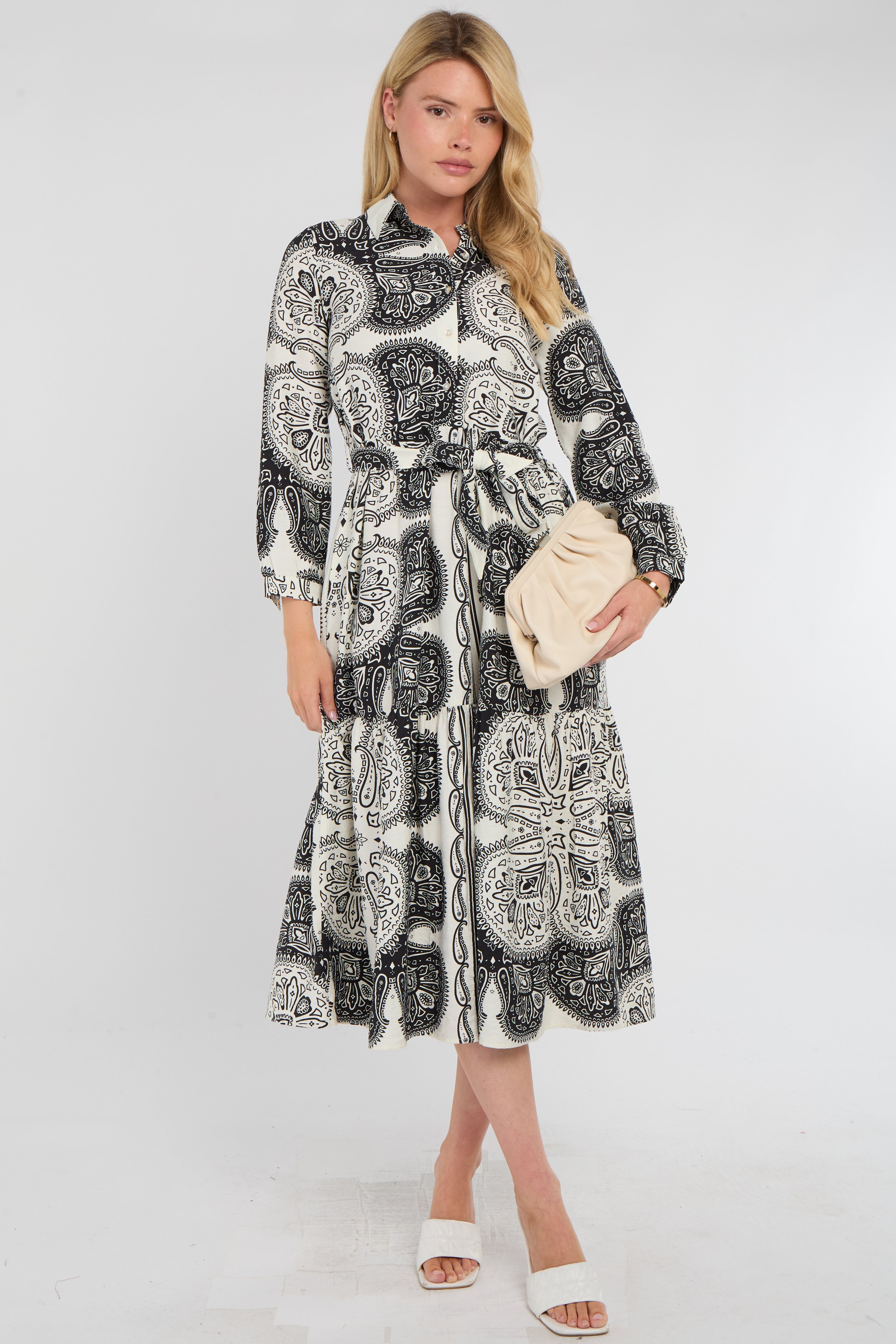 Mono Paisley Print Tiered Midi Shirt Dress