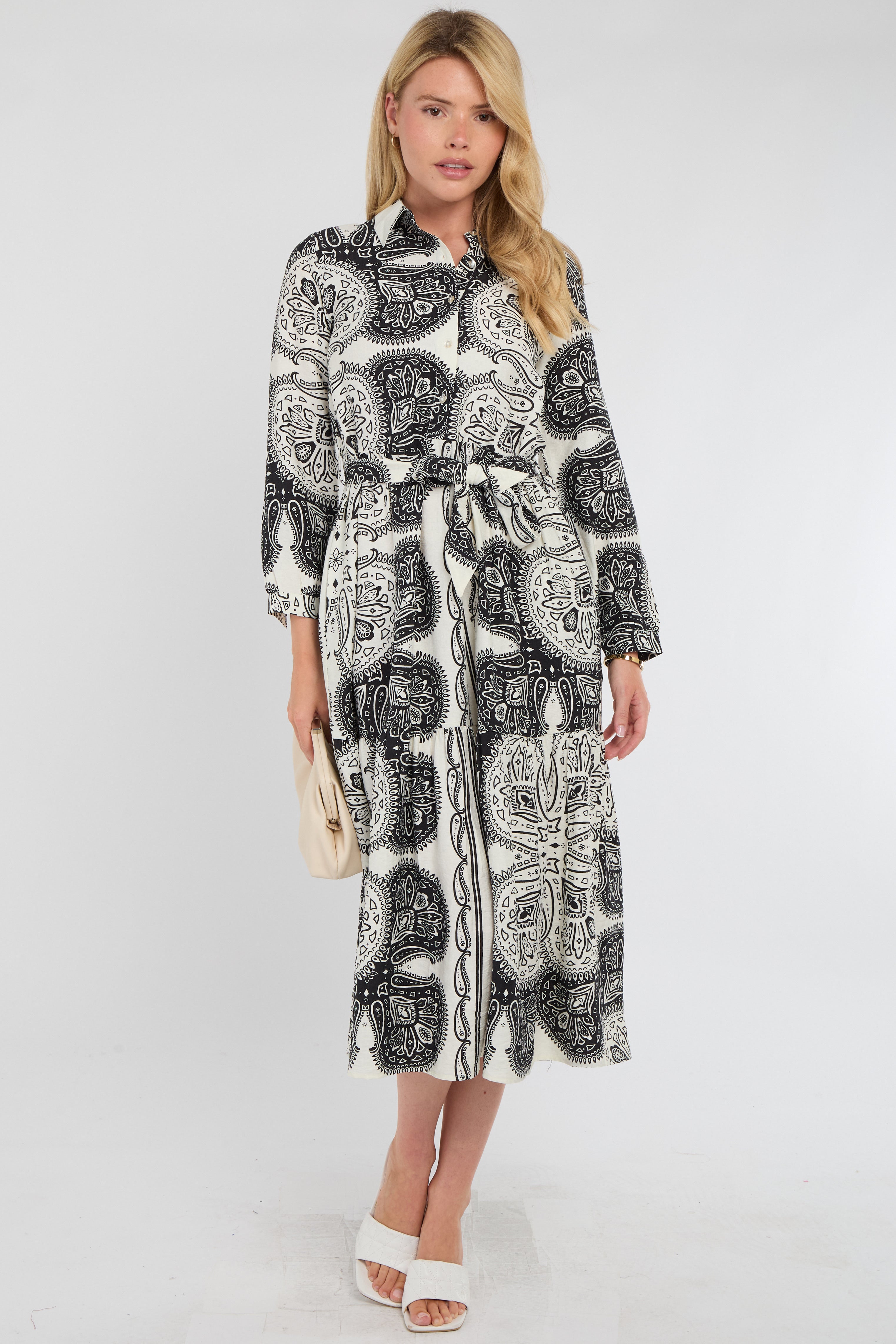 Mono Paisley Print Tiered Midi Shirt Dress