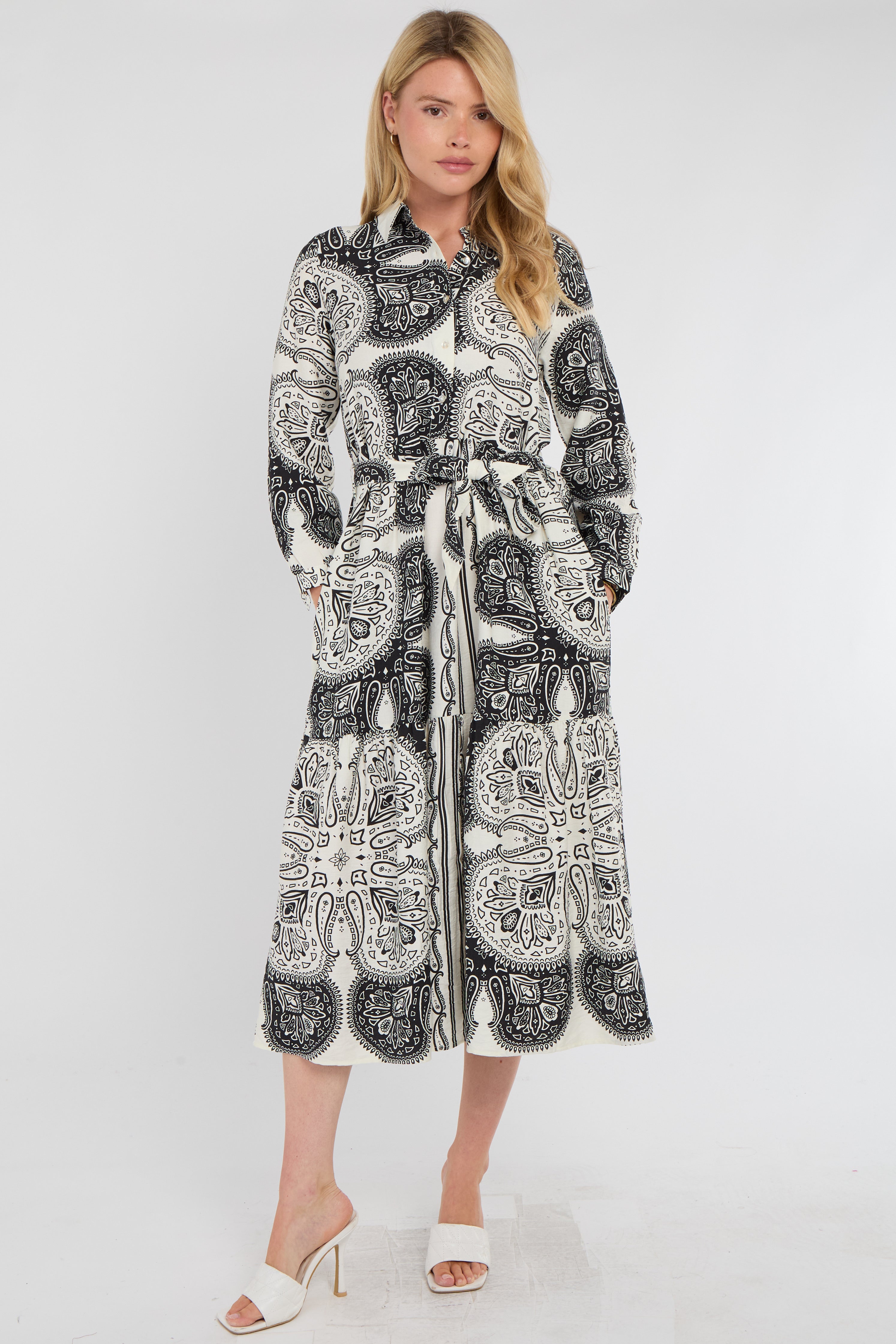 Mono Paisley Print Tiered Midi Shirt Dress