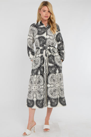 Mono Paisley Print Tiered Midi Shirt Dress