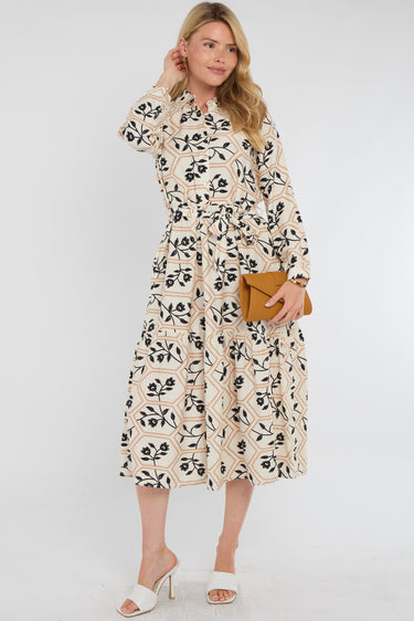 Ivory and Black Geo Floral Smock Midaxi Shirt Dress