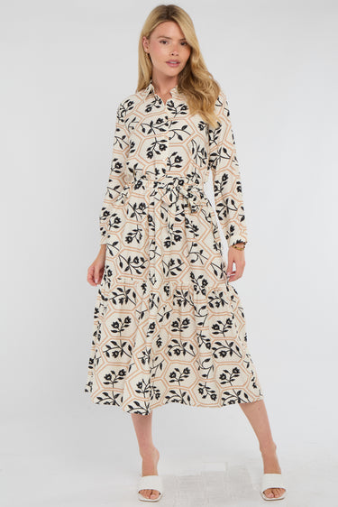 Ivory and Black Geo Floral Smock Midaxi Shirt Dress