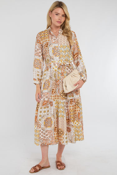 Golden Sunset Patchwork Print Shirt Dress