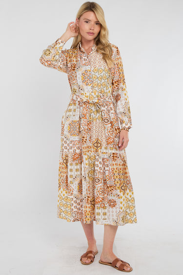 Golden Sunset Patchwork Print Shirt Dress