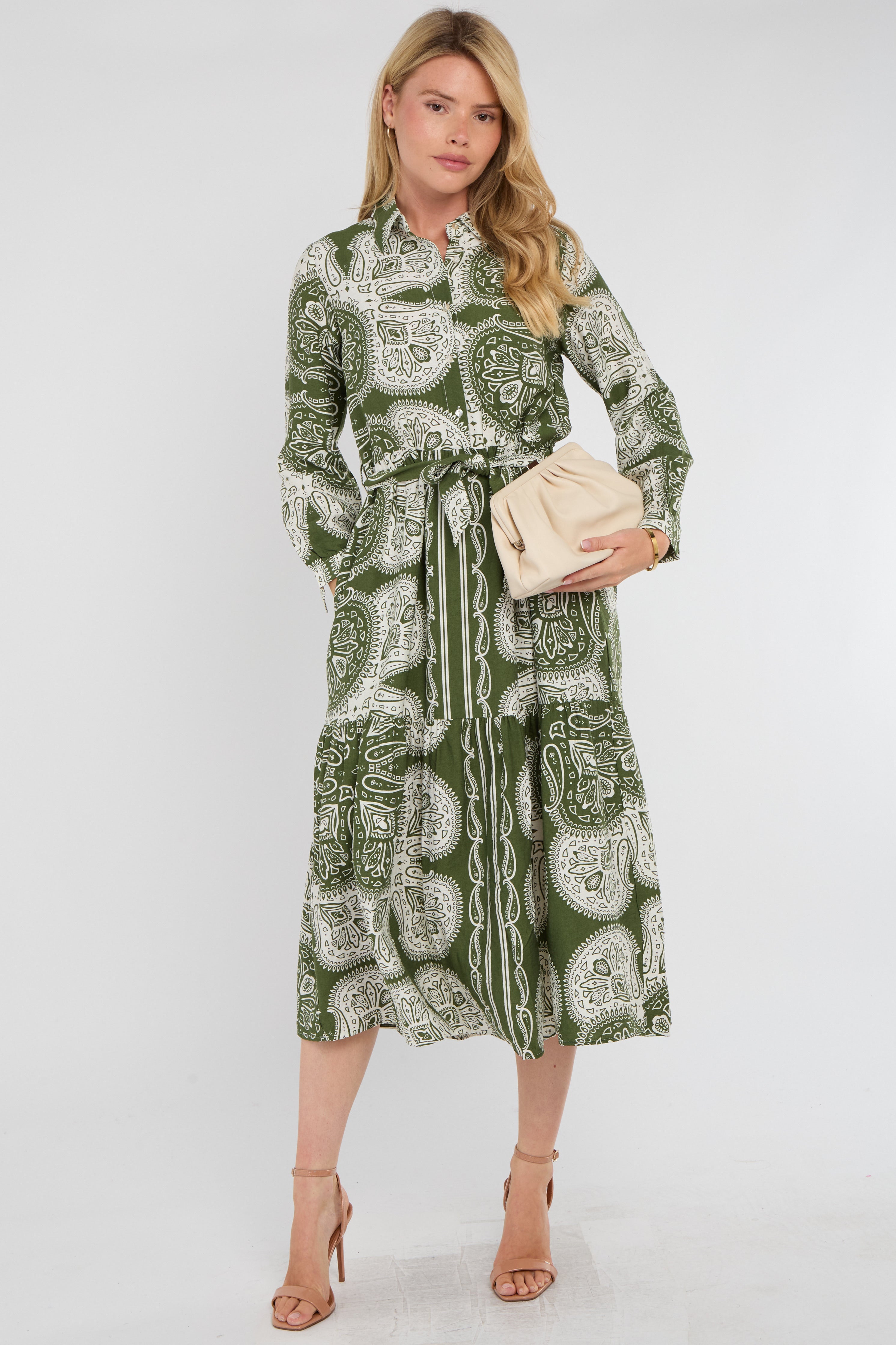 Green Boho Paisley Tile Print Tiered Midi Shirt Dress