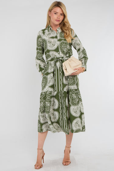 Green Boho Paisley Tile Print Tiered Midi Shirt Dress