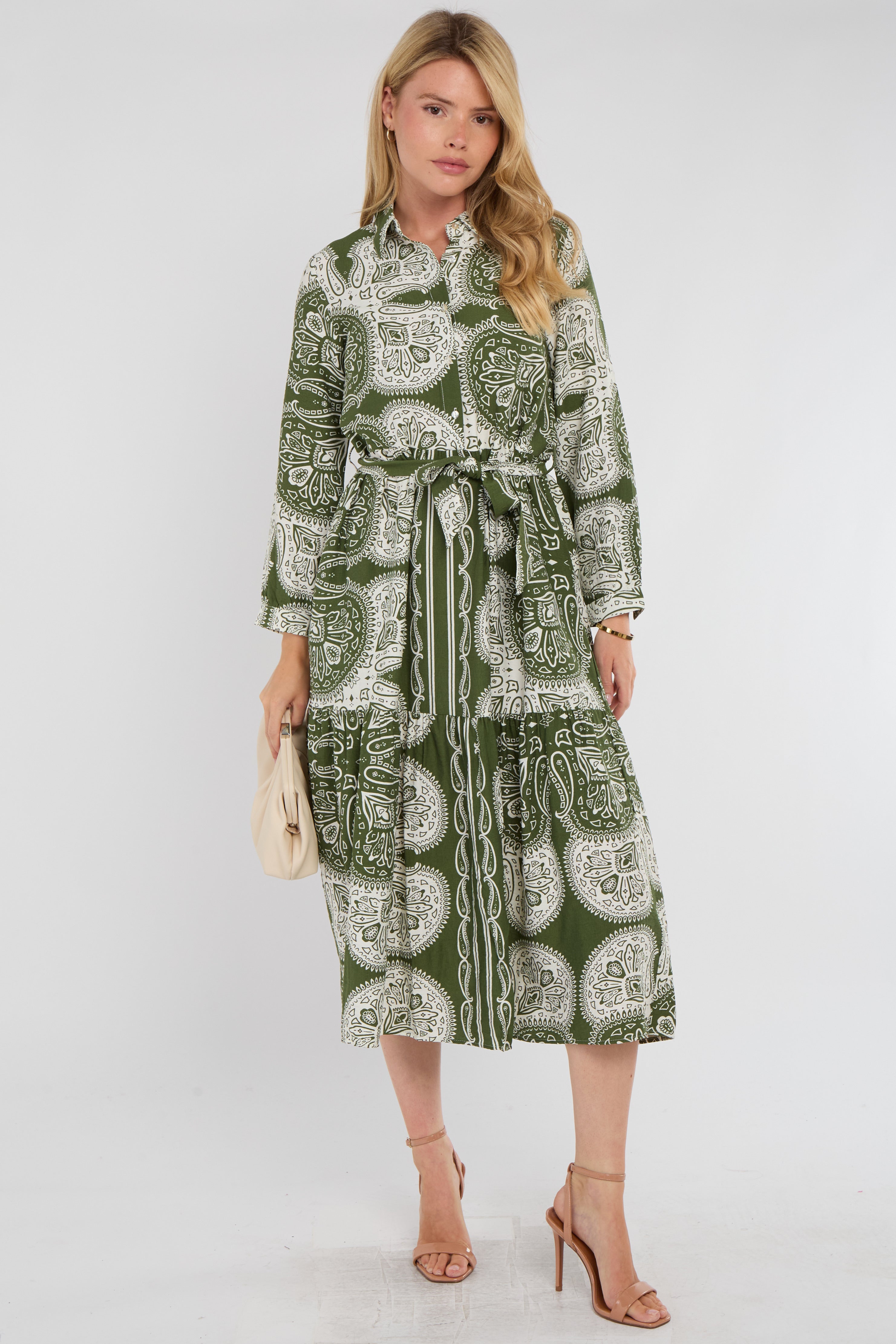 Green Boho Paisley Tile Print Tiered Midi Shirt Dress