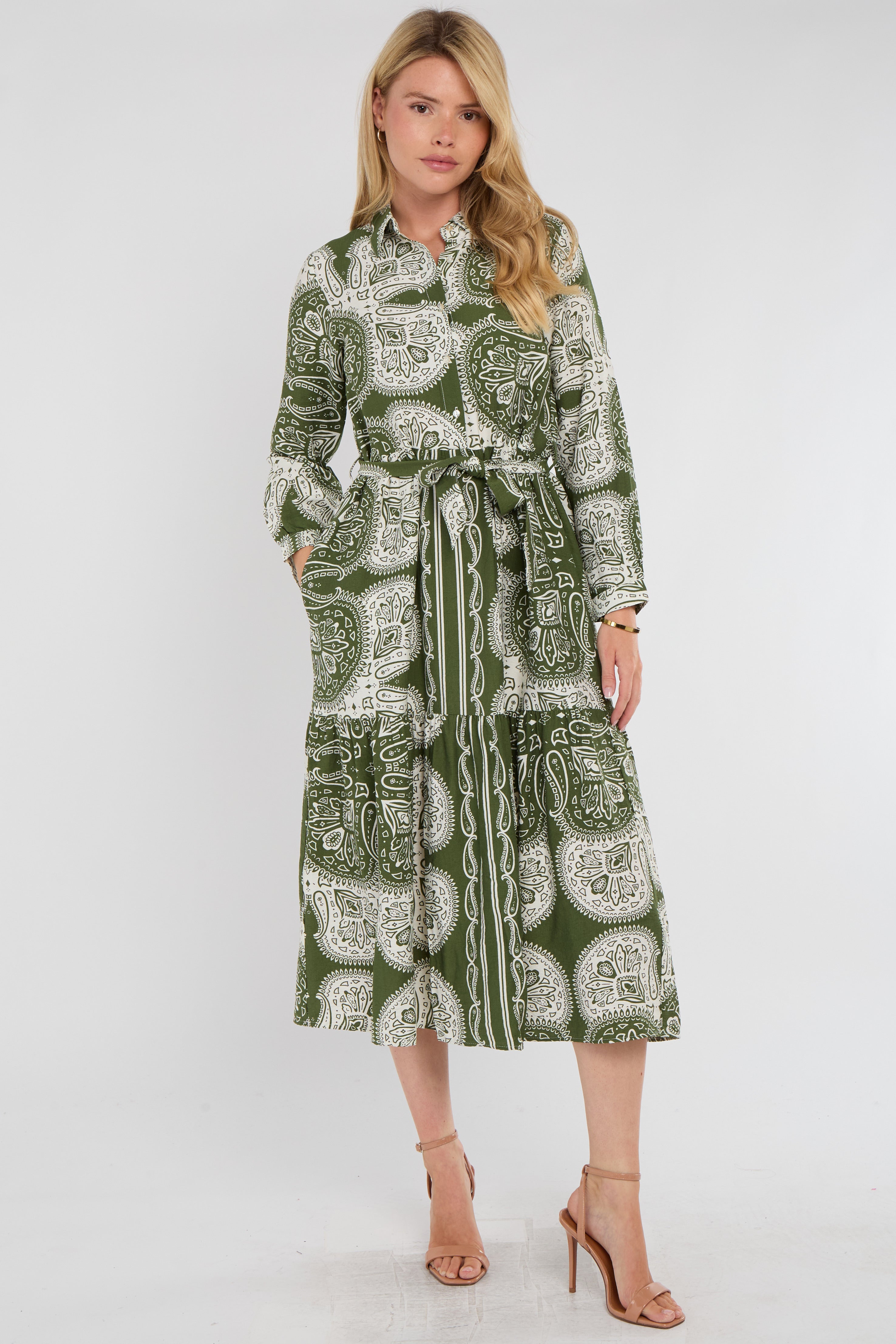 Green Boho Paisley Tile Print Tiered Midi Shirt Dress