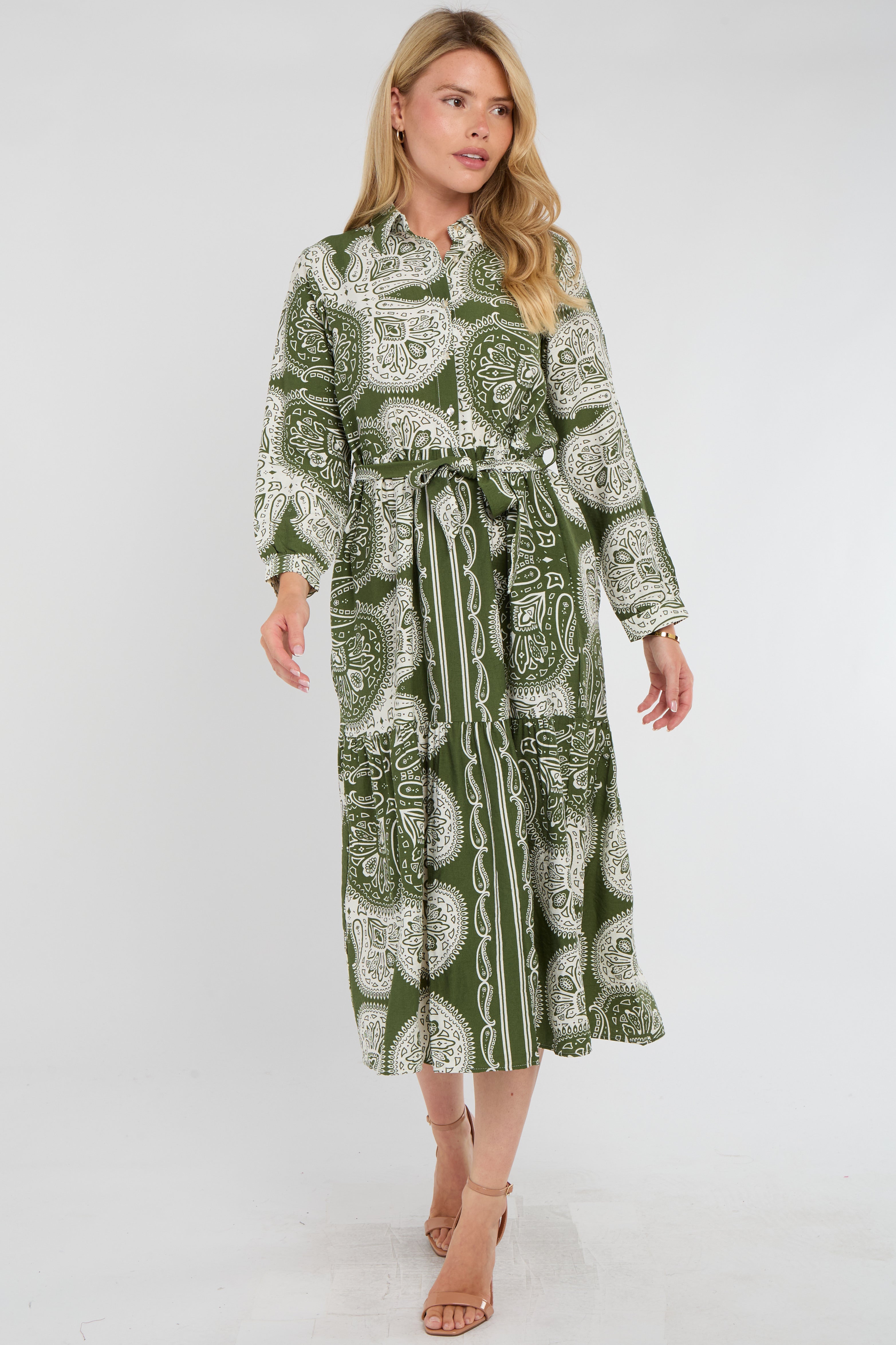 Green Boho Paisley Tile Print Tiered Midi Shirt Dress