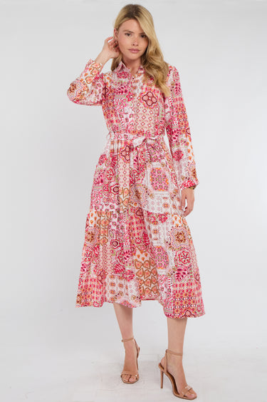 Sunset Coral Patchwork Print Shirt Dress