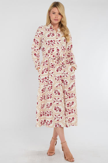 Ivory and Berry Geo Floral Smock Midaxi Dress
