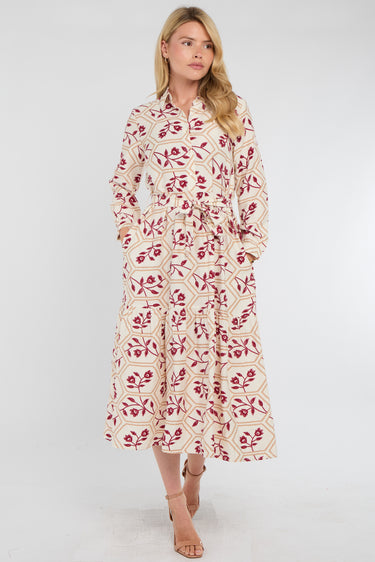 Ivory and Berry Geo Floral Smock Midaxi Dress