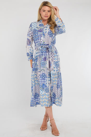 Mediterranean Blue Patchwork Print Shirt Dress