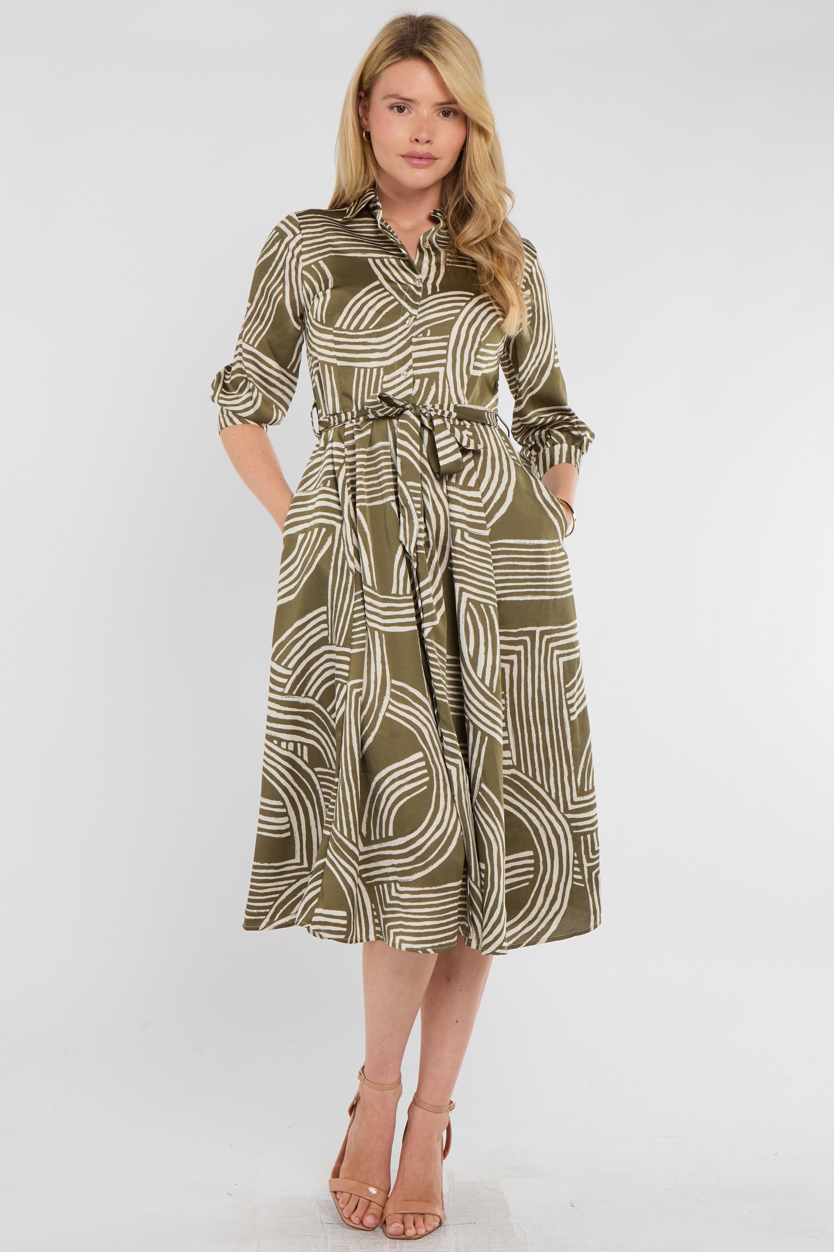 Khaki Geometric Print Half Sleeve Midi Shirt Dress
