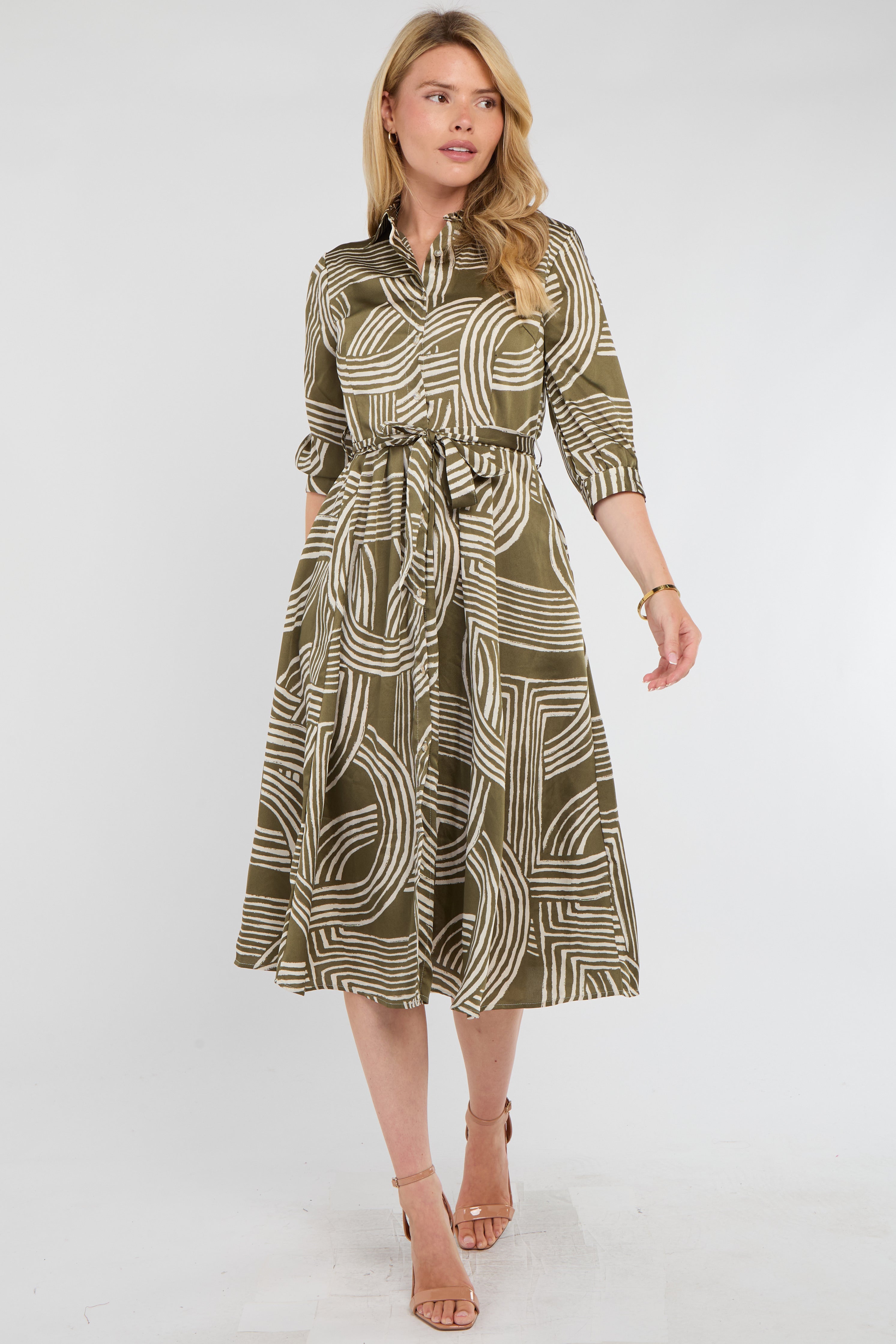 Khaki Geometric Print Half Sleeve Midi Shirt Dress