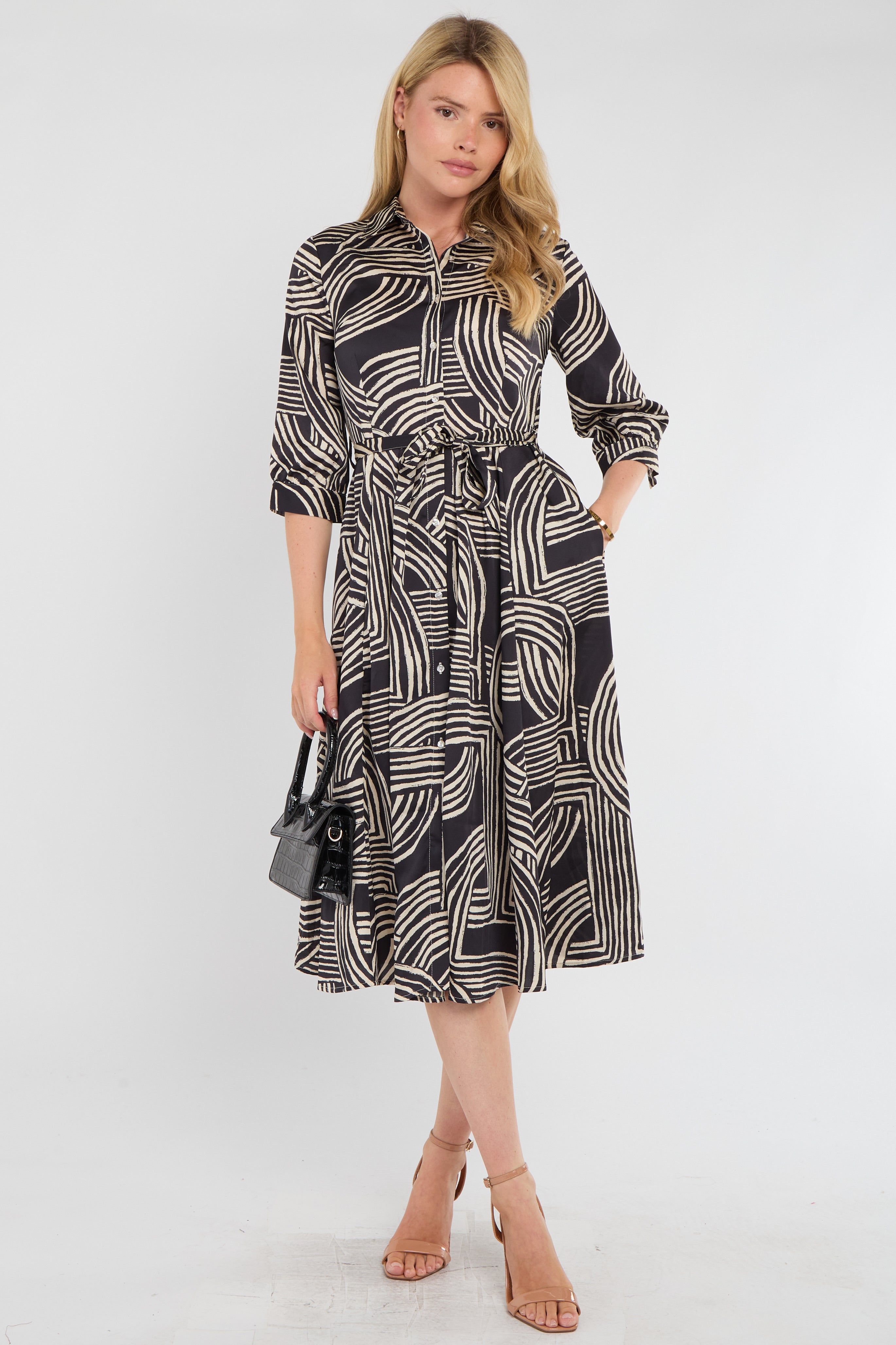 Black Geometric Print Half Sleeve Midi Shirt Dress