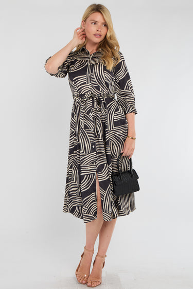 Black Geometric Print Half Sleeve Midi Shirt Dress