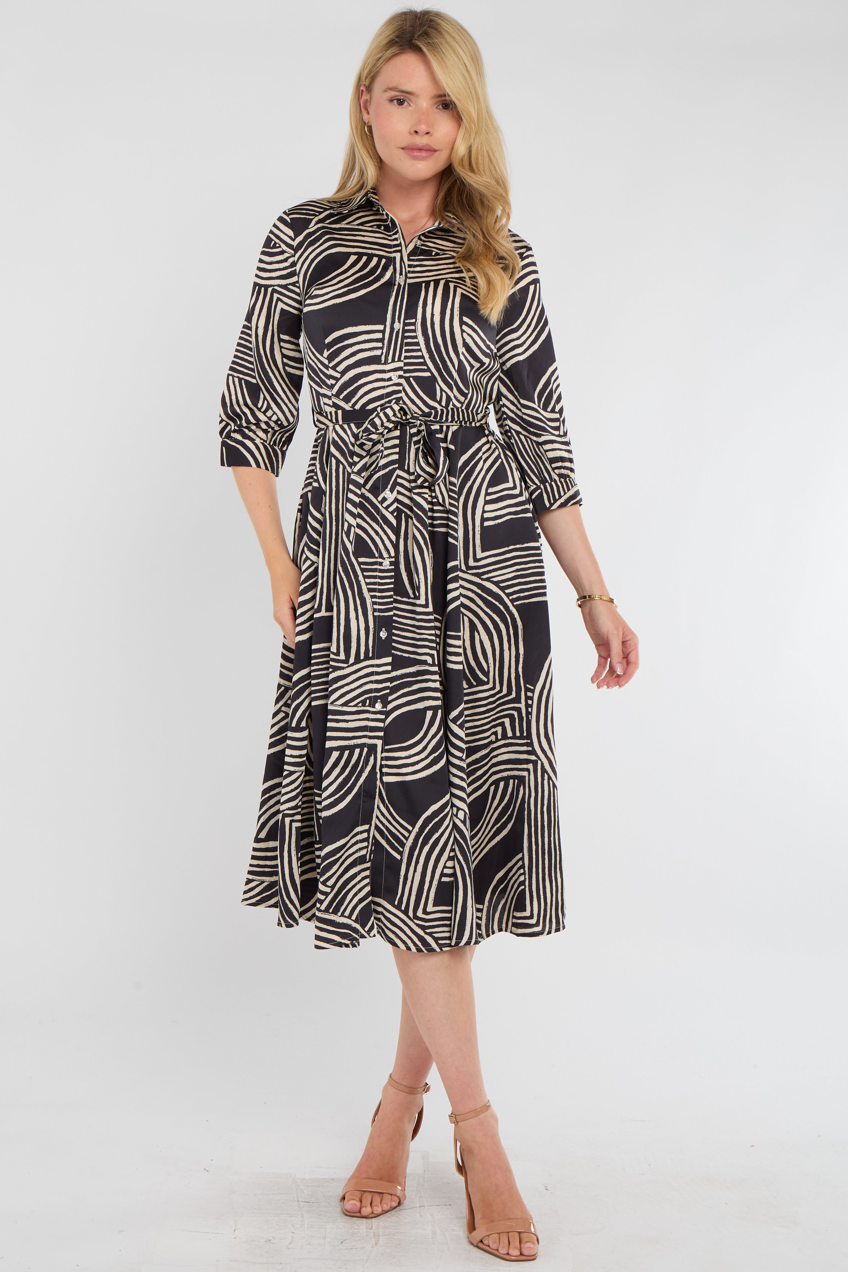 Black Geometric Print Half Sleeve Midi Shirt Dress