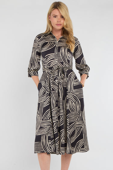 Black Geometric Print Half Sleeve Midi Shirt Dress