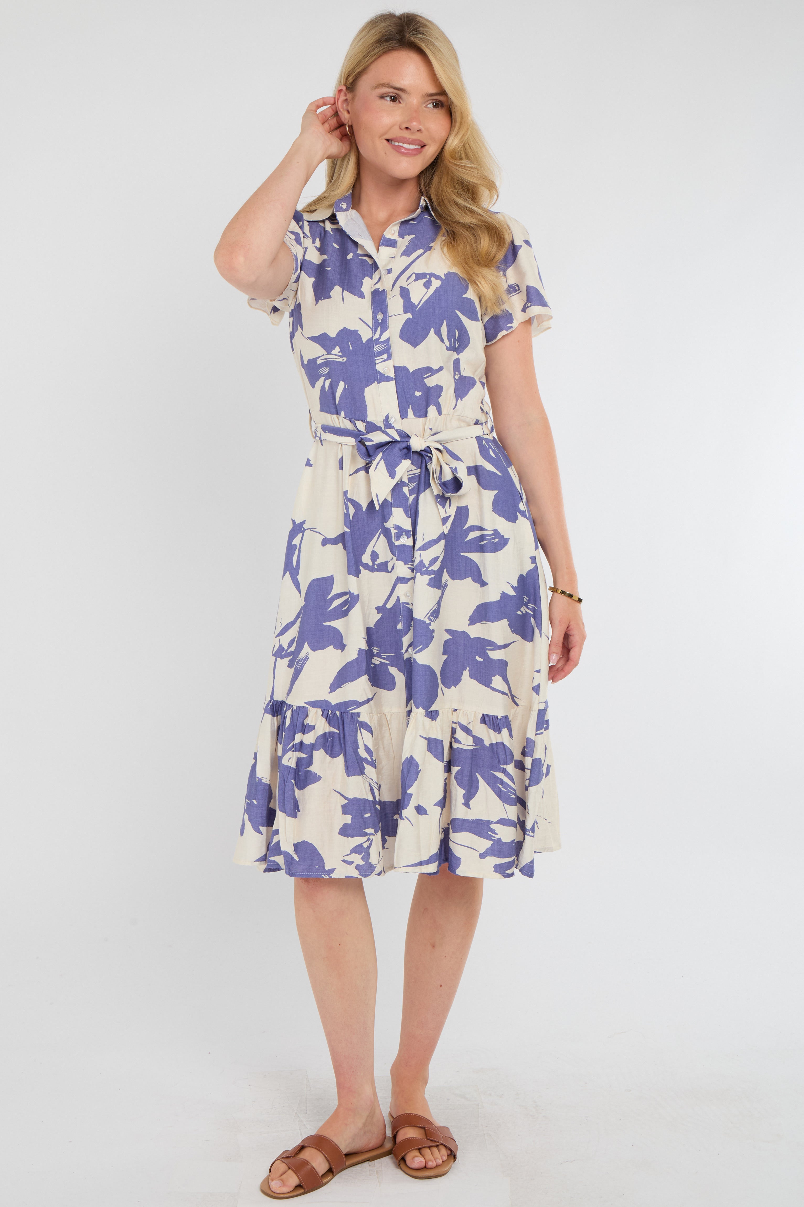 Lilac Botanical Leaf Print Tiered Midi Shirt Dress