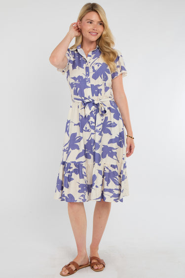 Lilac Botanical Leaf Print Tiered Midi Shirt Dress