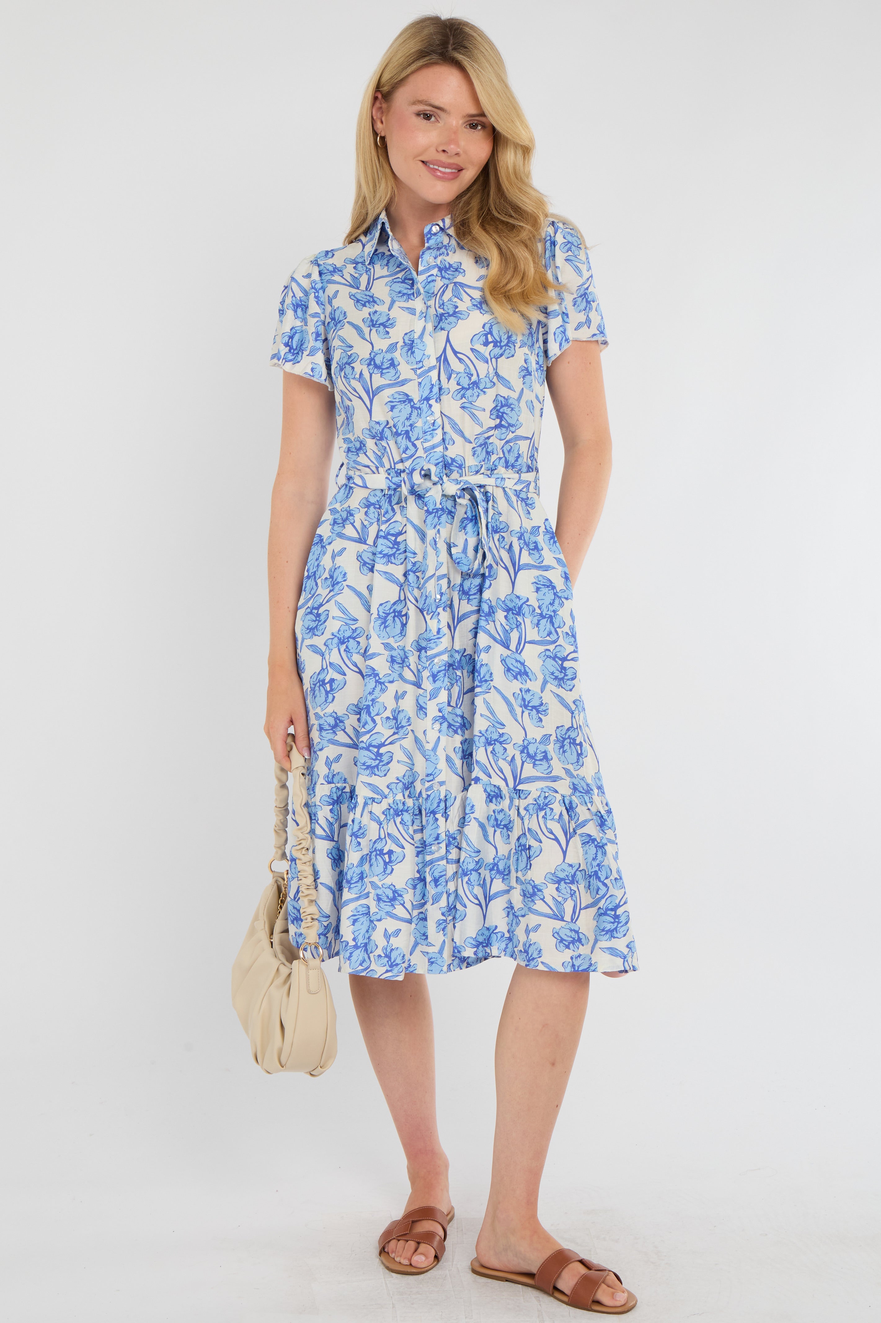 Cornflower Blue Floral Print Midi Shirt Dress