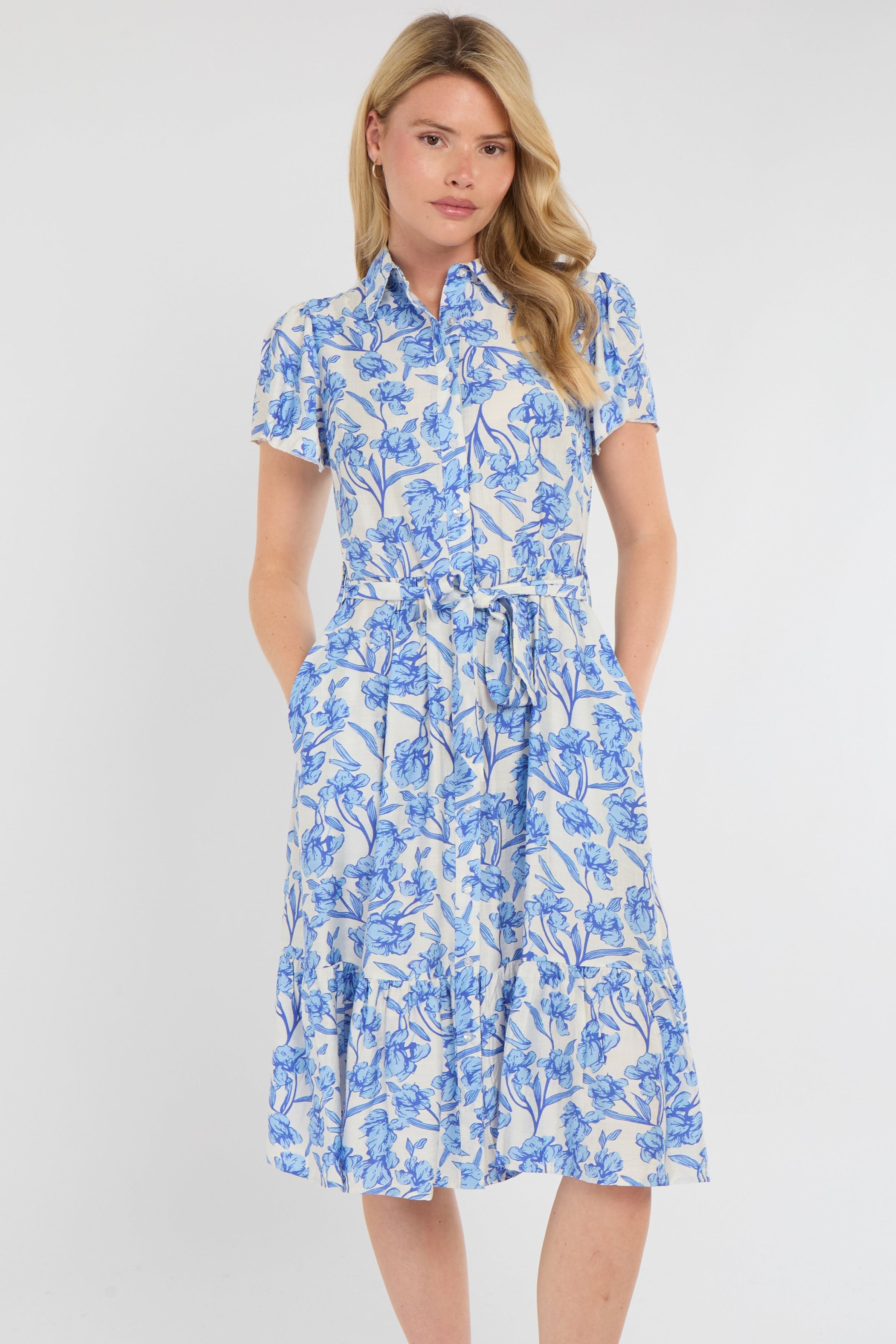 Cornflower Blue Floral Print Midi Shirt Dress