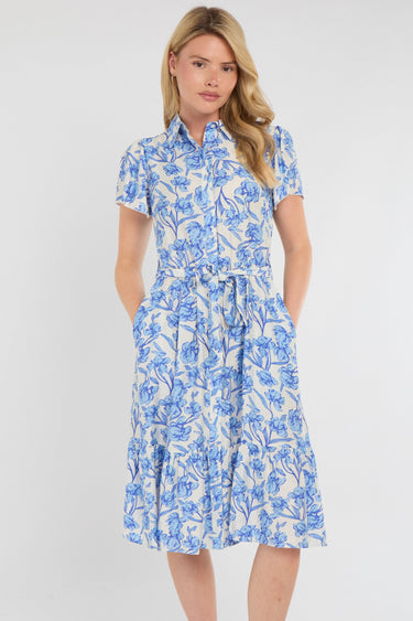 Cornflower Blue Floral Print Midi Shirt Dress