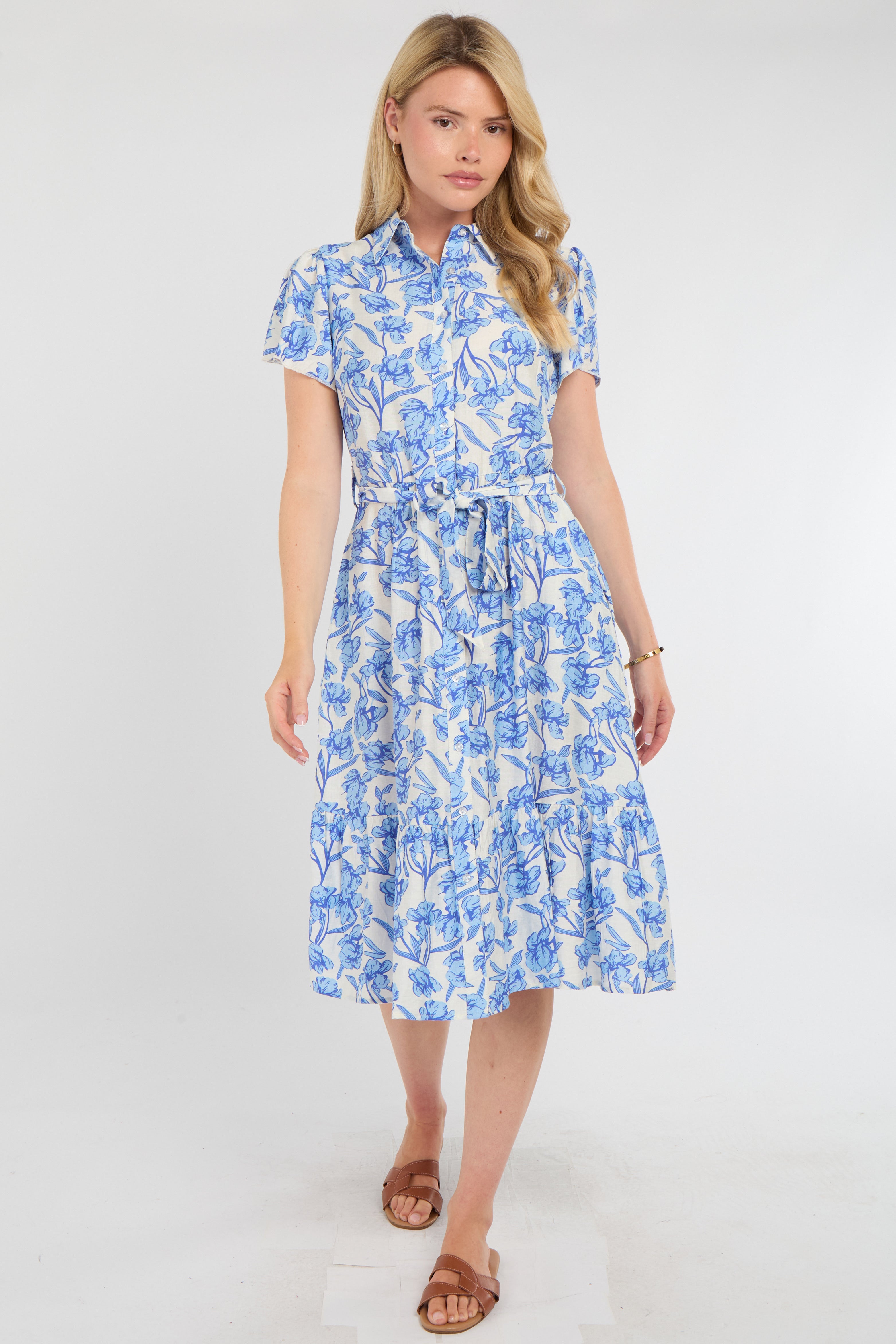 Cornflower Blue Floral Print Midi Shirt Dress