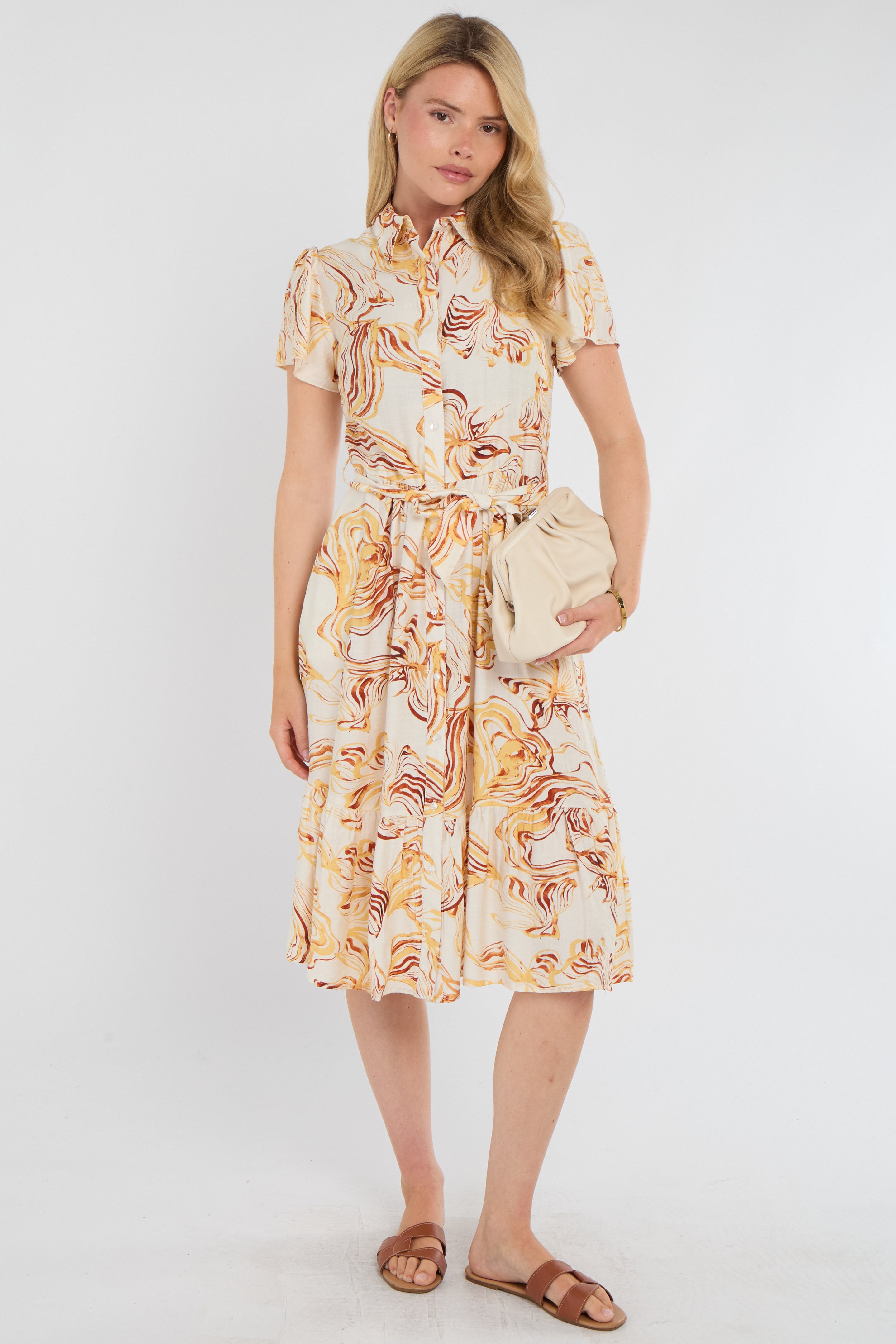 Yellow Swirl Print  Frilled Hem Midi Dress