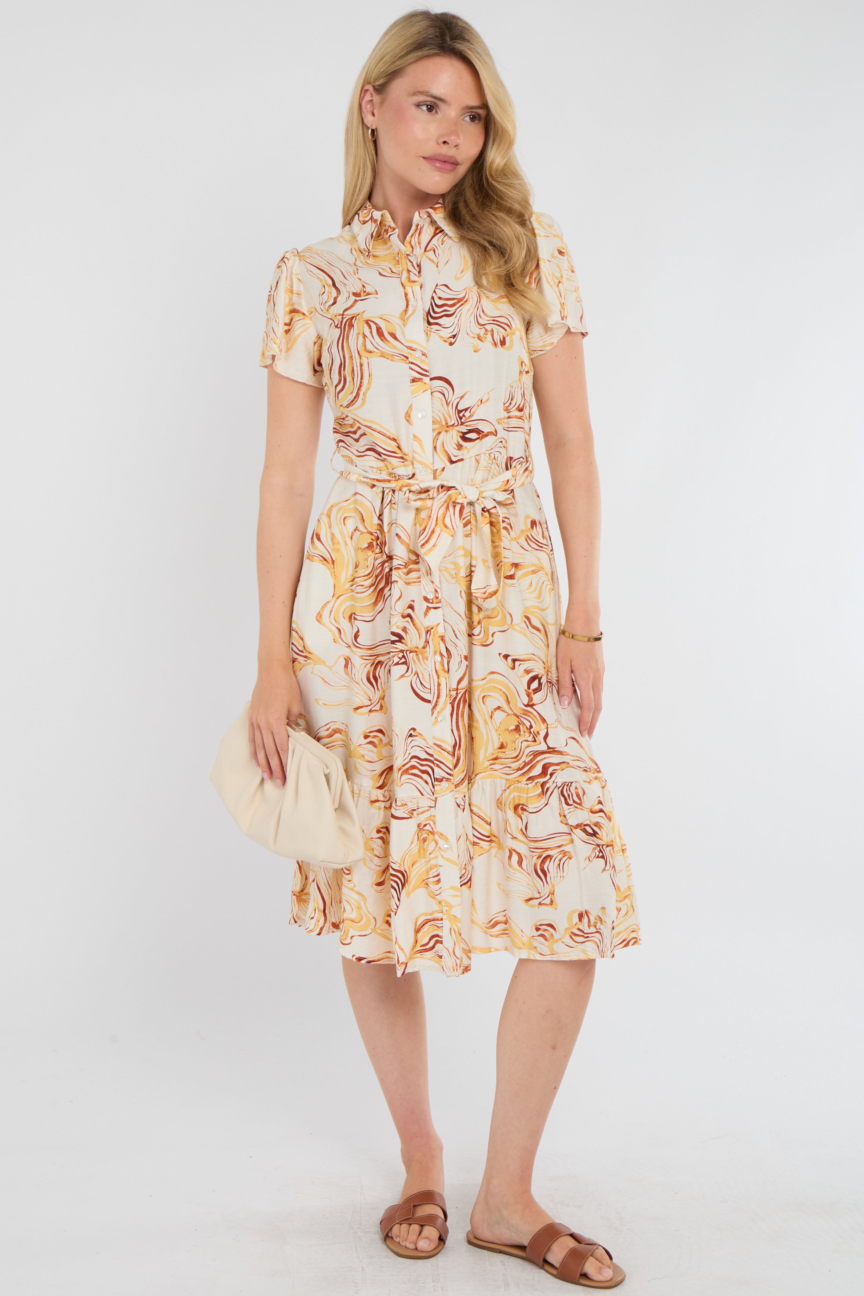 Yellow Swirl Print  Frilled Hem Midi Dress