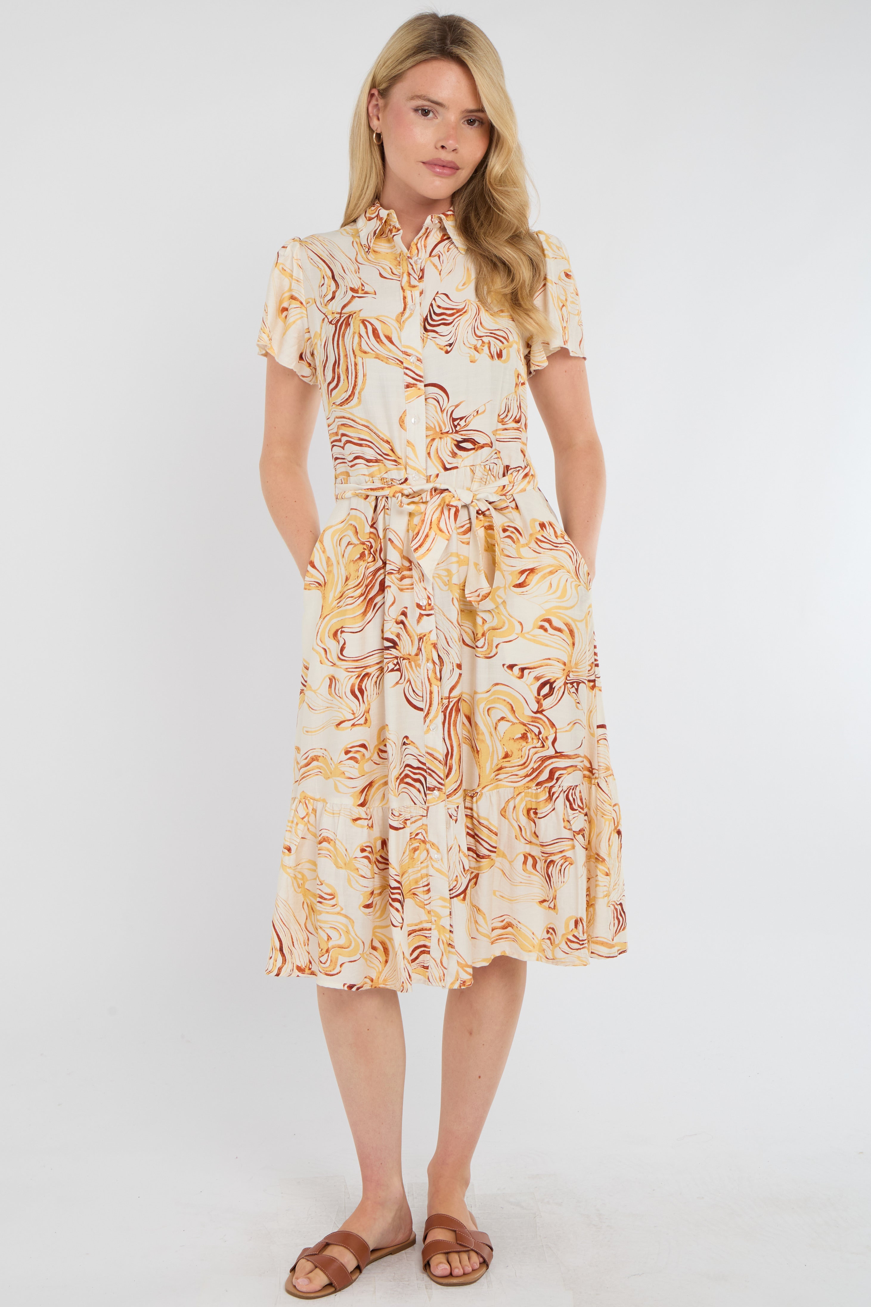 Yellow Swirl Print  Frilled Hem Midi Dress