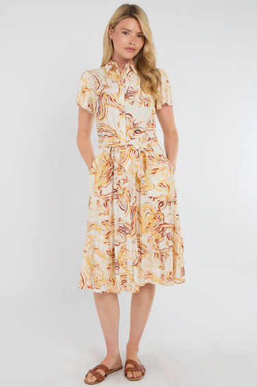 Yellow Swirl Print  Frilled Hem Midi Dress