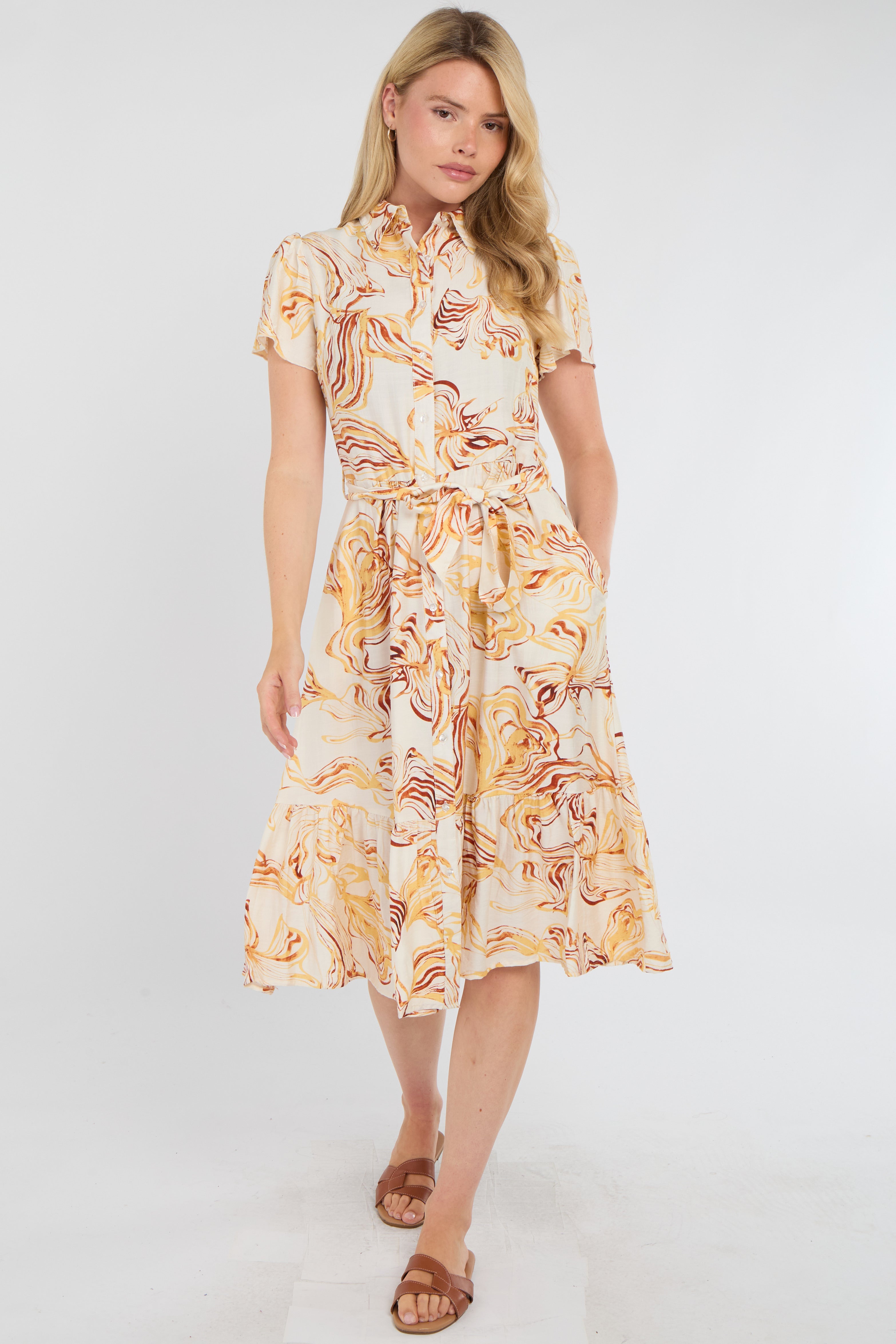 Yellow Swirl Print  Frilled Hem Midi Dress