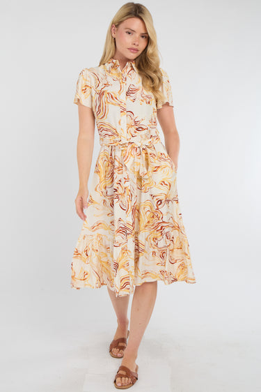 Yellow Swirl Print  Frilled Hem Midi Dress