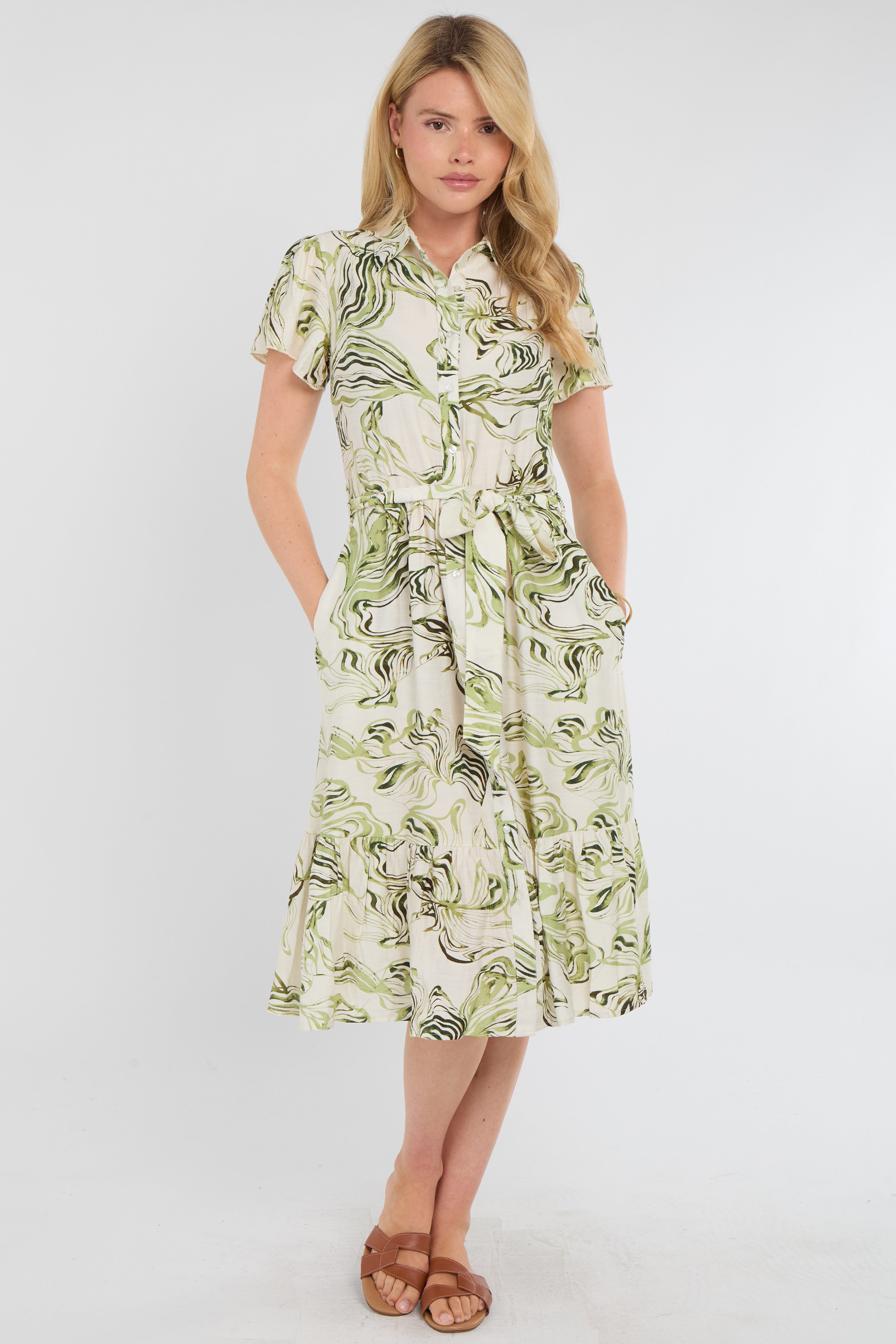 Green Swirl Print Linen-Blend Frilled Hem Midi Dress