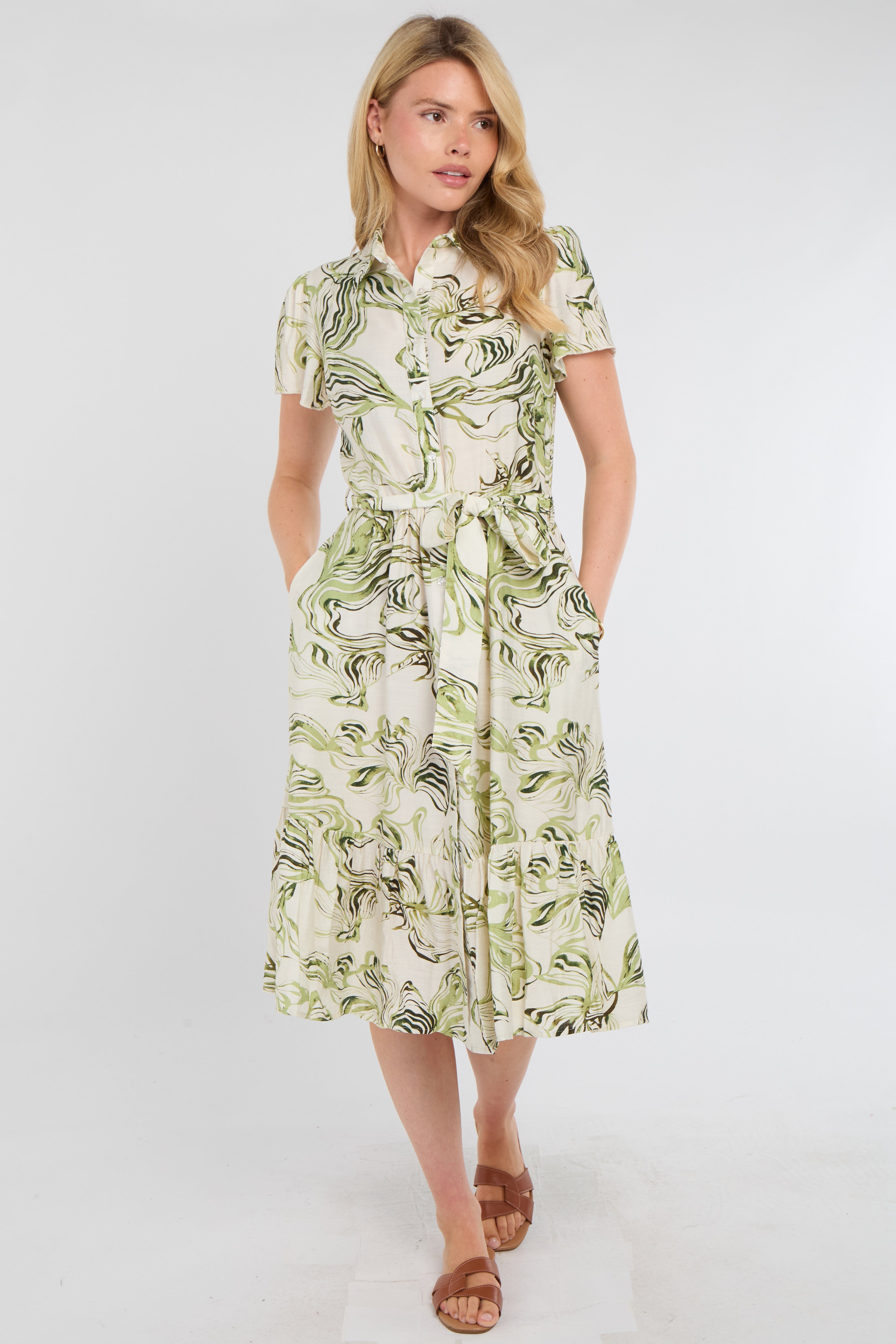 Green Swirl Print Linen-Blend Frilled Hem Midi Dress