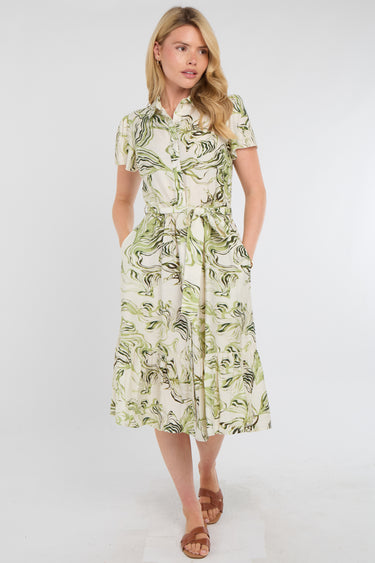 Green Swirl Print Linen-Blend Frilled Hem Midi Dress