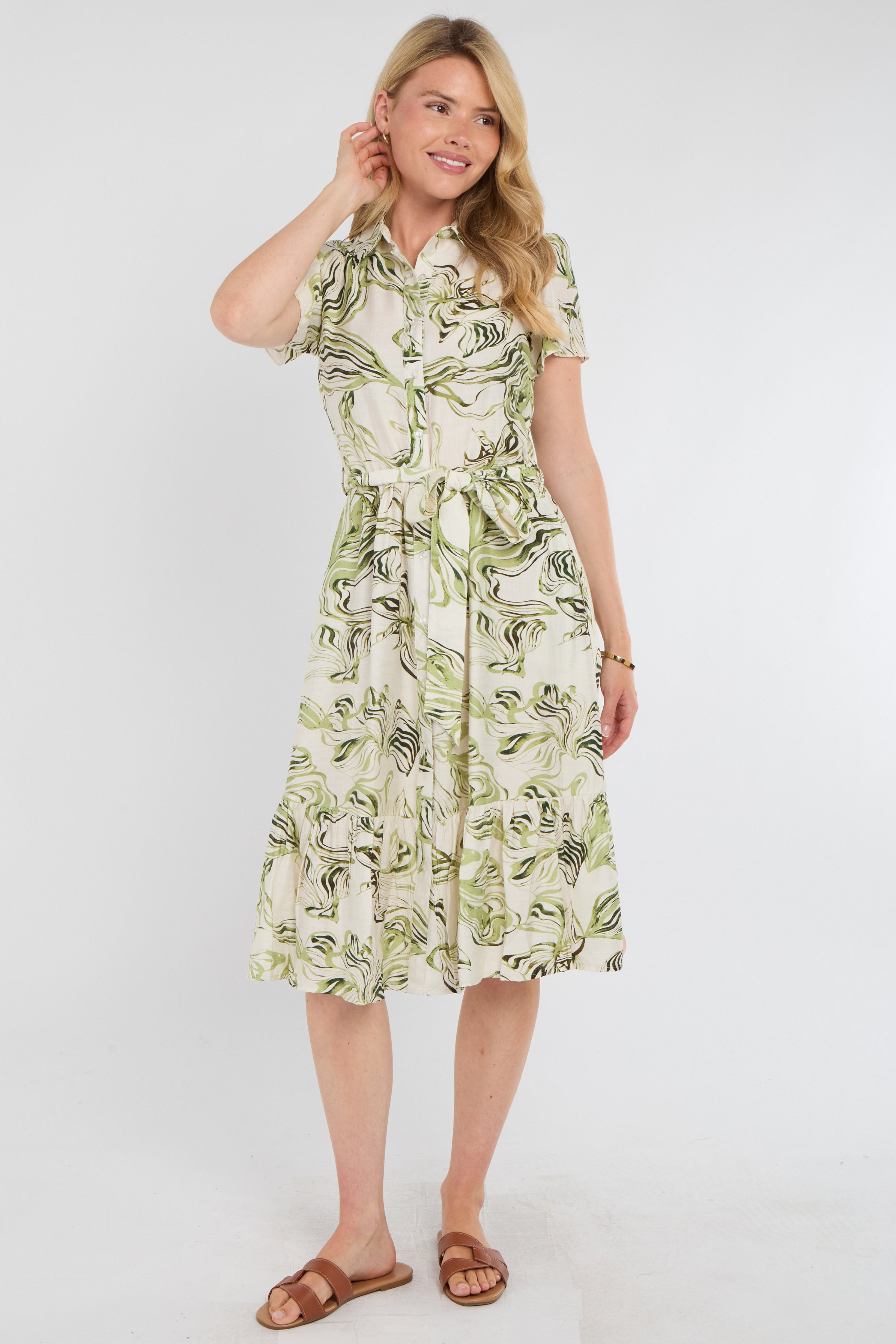 Green Swirl Print Linen-Blend Frilled Hem Midi Dress