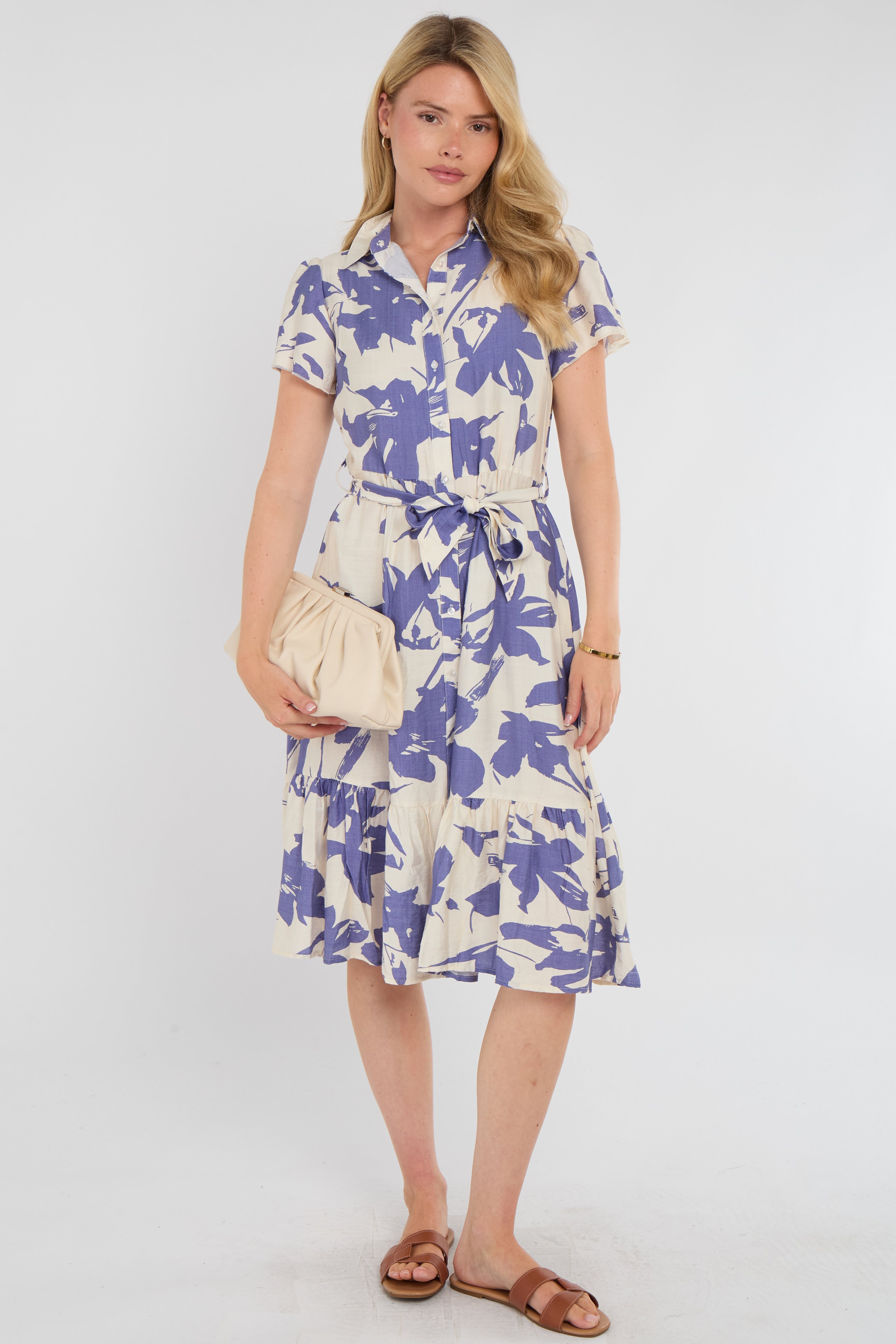 Lilac Botanical Leaf Print Tiered Midi Shirt Dress