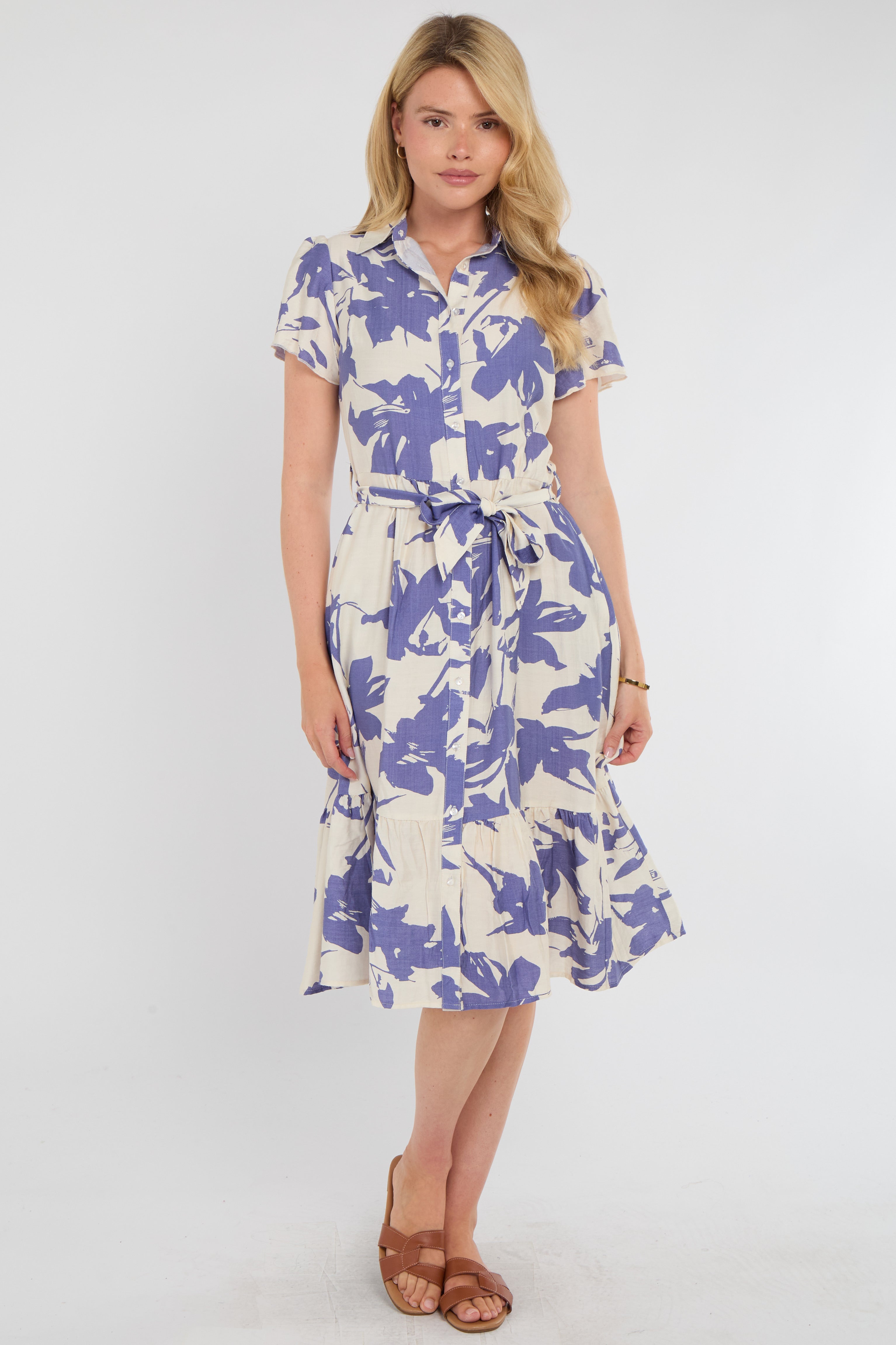 Lilac Botanical Leaf Print Tiered Midi Shirt Dress