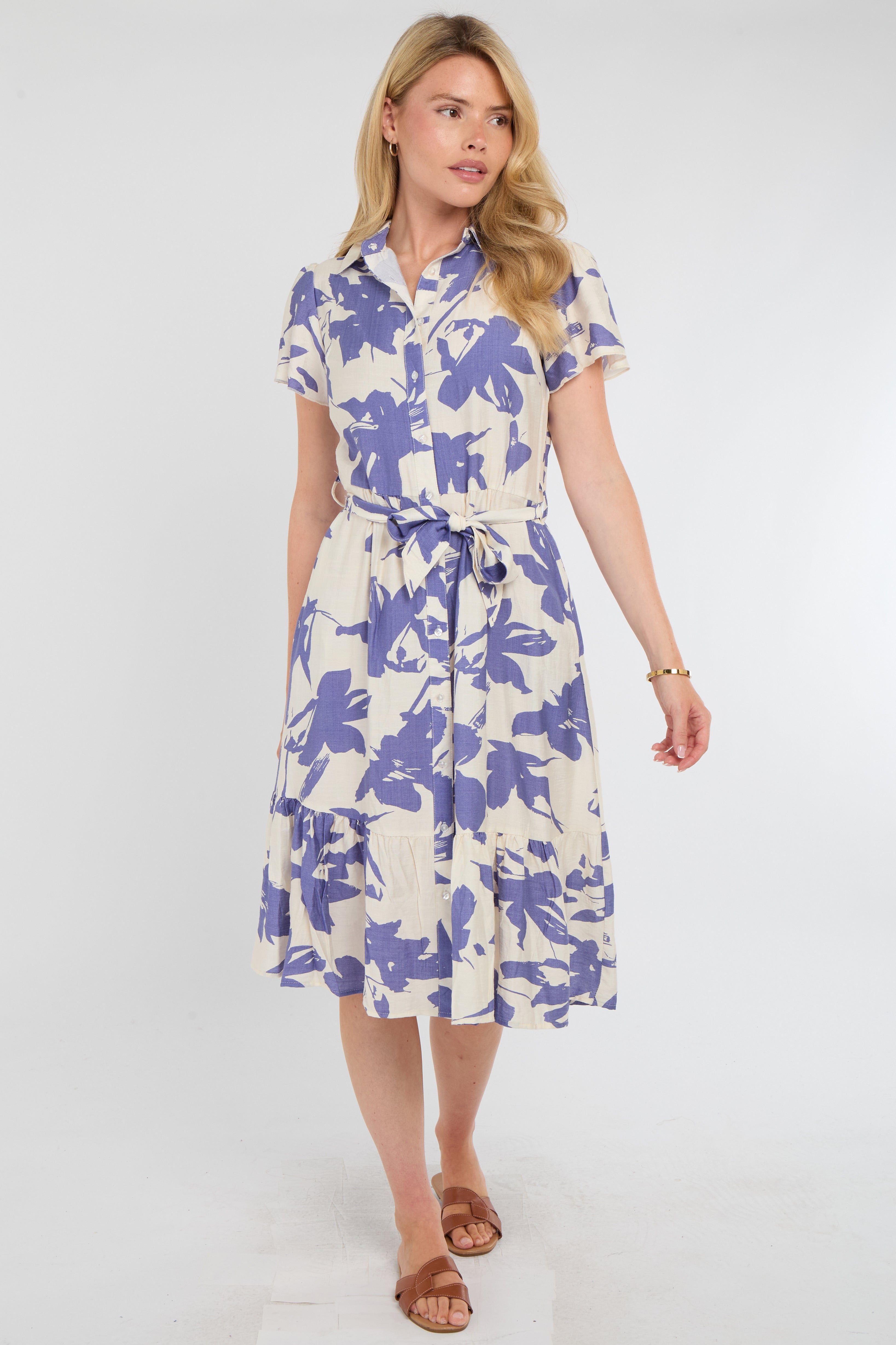 Lilac Botanical Leaf Print Tiered Midi Shirt Dress