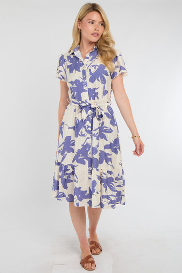 Lilac Botanical Leaf Print Tiered Midi Shirt Dress
