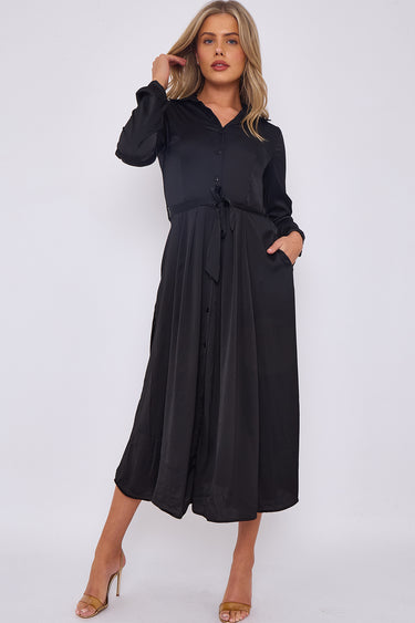 Black Layer Satin Plain Midaxi Shirt Dress