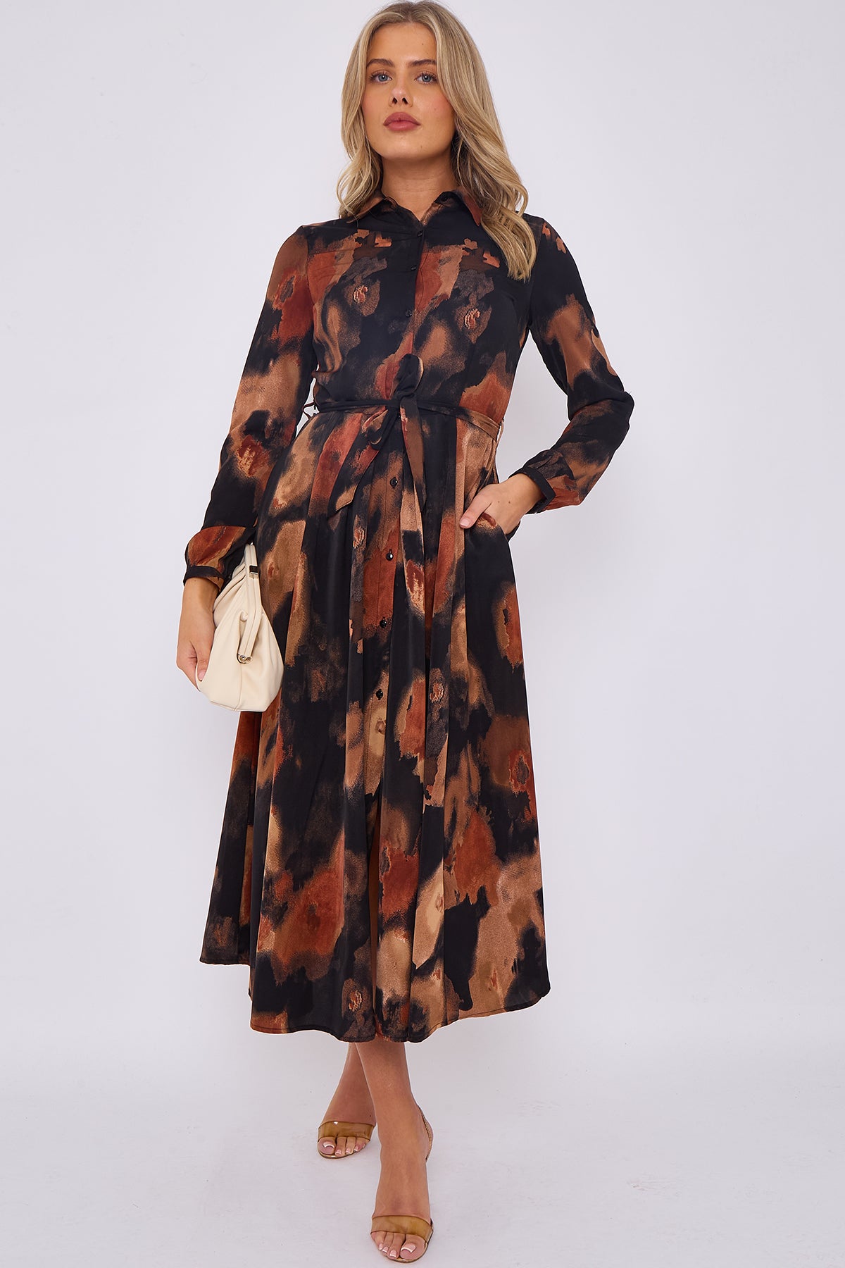 Brown Abstract Print Midaxi Shirt Dress